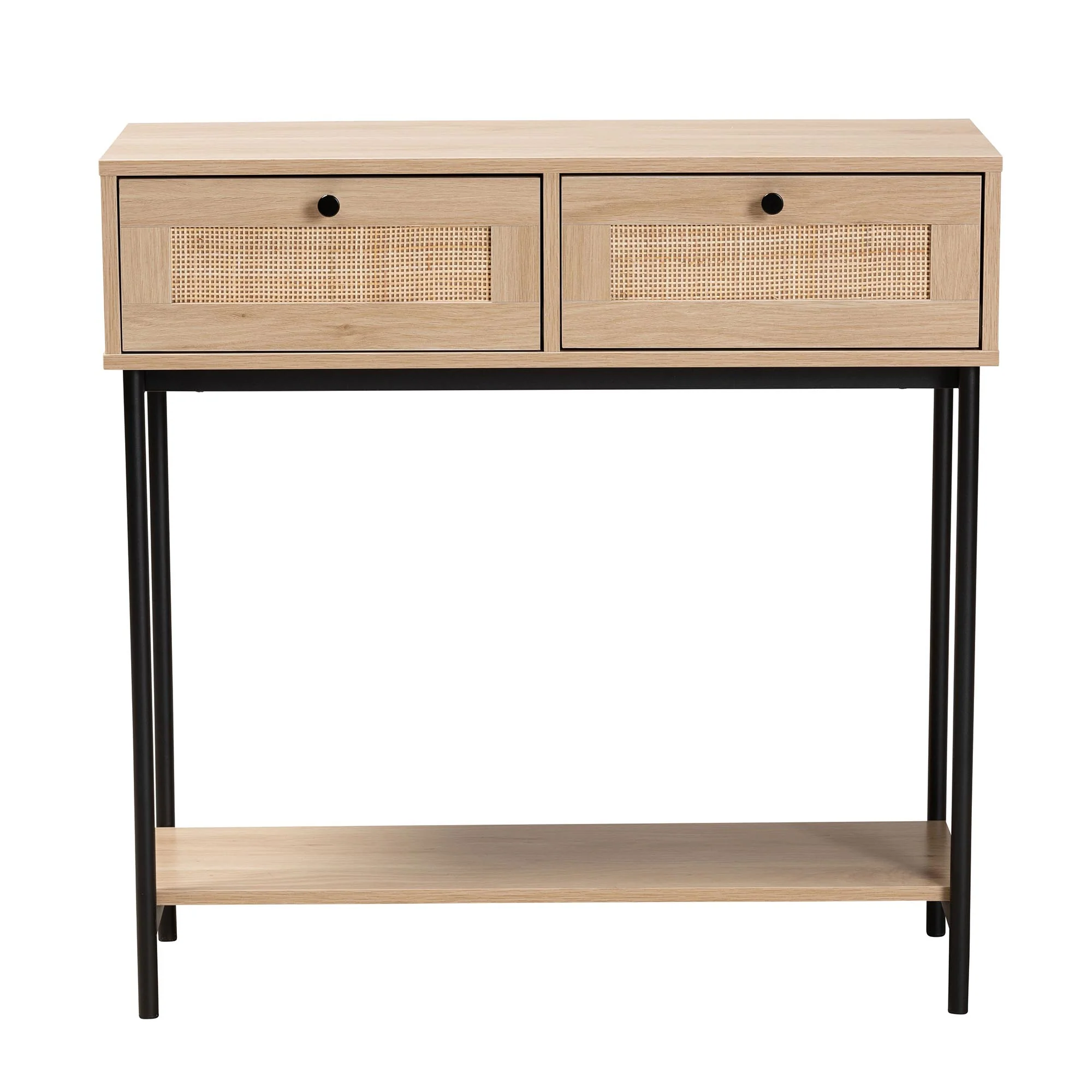 Baxton Studio Sherwin Mid-Century Modern Light Brown and Black 2-Drawer Console Table with Woven Rattan Accent - Image 4