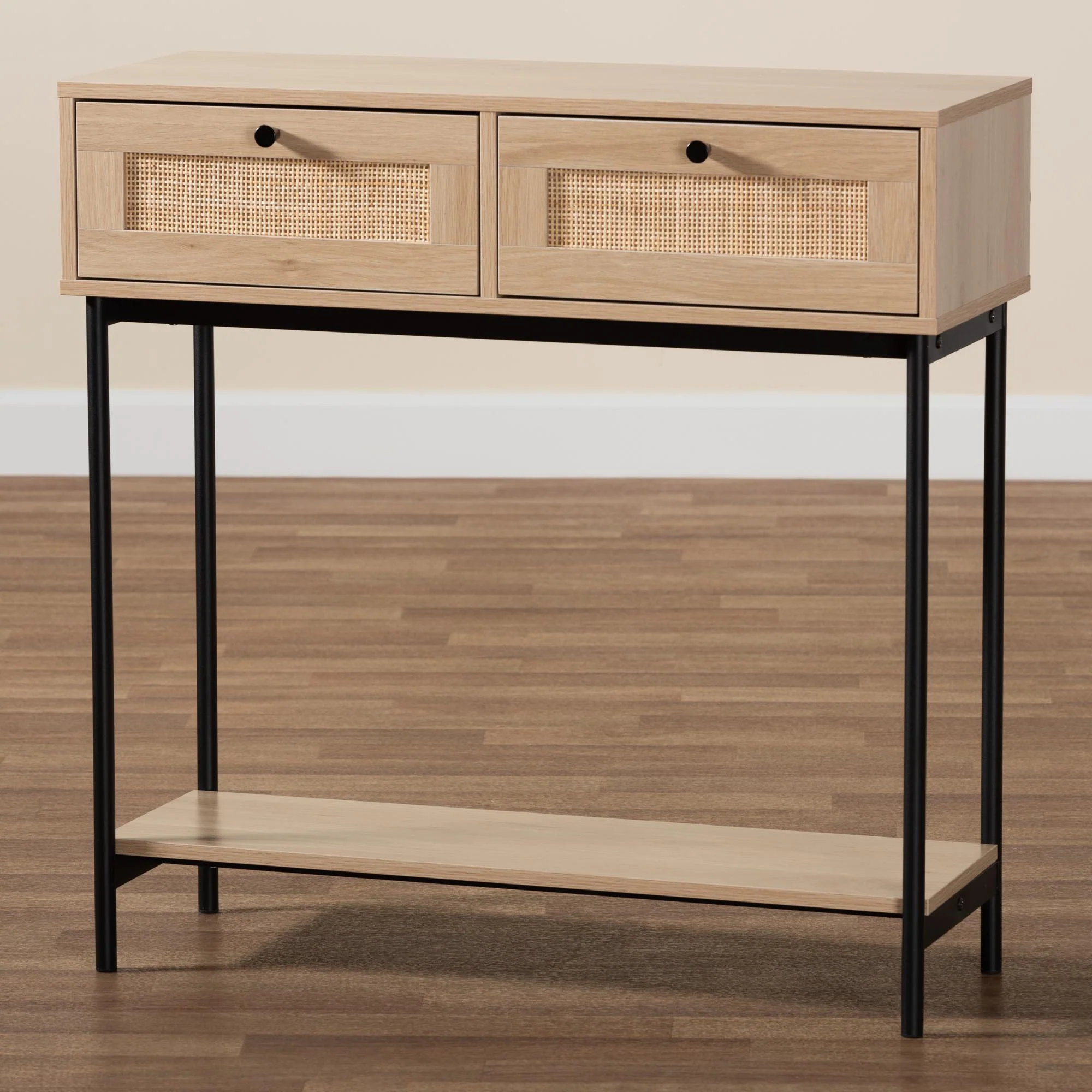 Baxton Studio Sherwin Mid-Century Modern Light Brown and Black 2-Drawer Console Table with Woven Rattan Accent - Image 9