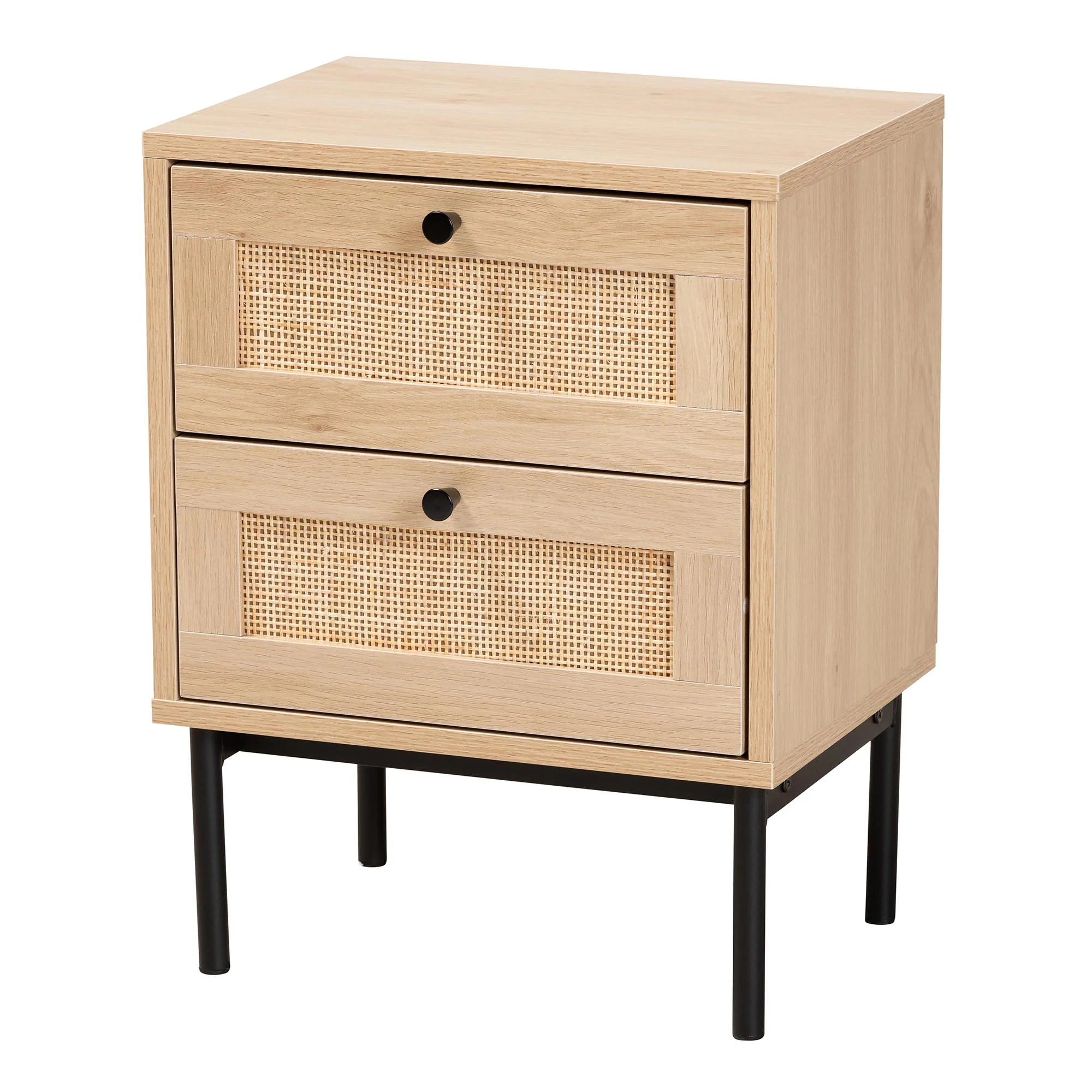 Baxton Studio Sherwin Mid-Century Modern Light Brown and Black 2-Drawer End Table with Woven Rattan Accent - Image 2