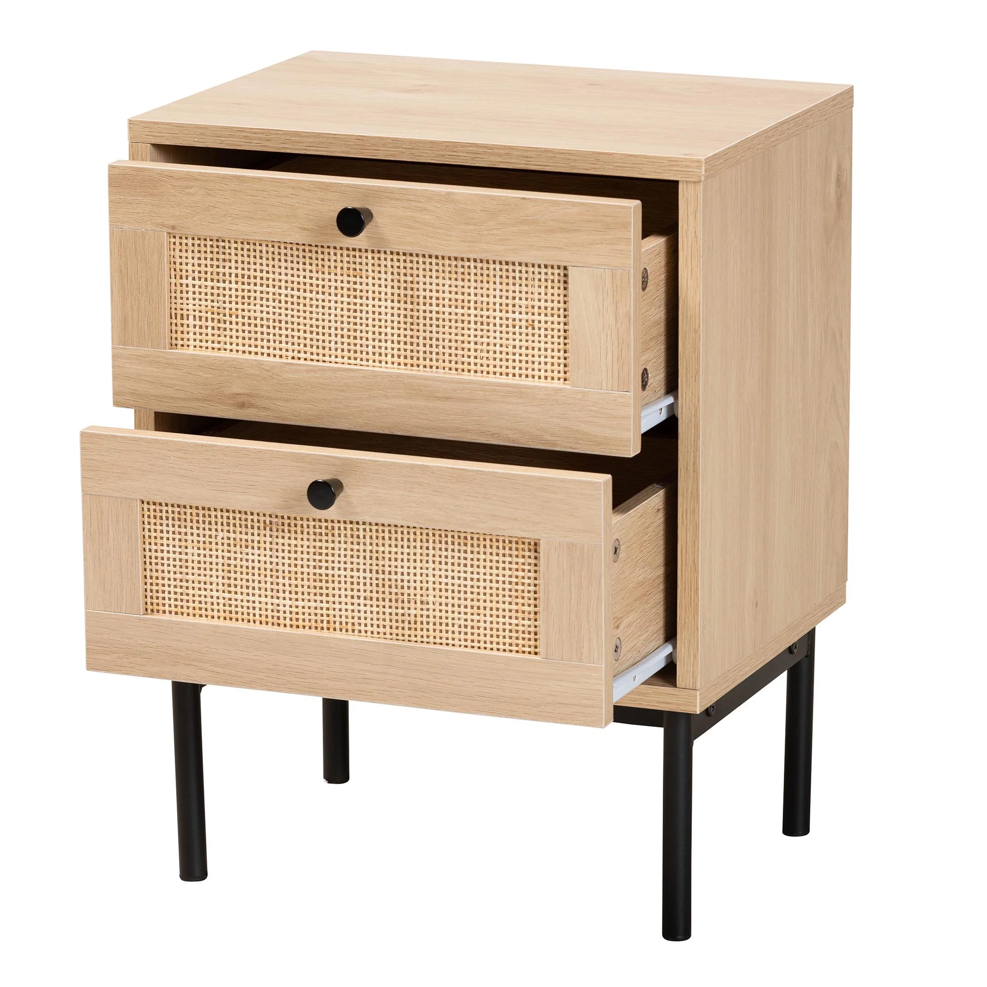Baxton Studio Sherwin Mid-Century Modern Light Brown and Black 2-Drawer End Table with Woven Rattan Accent - Image 3