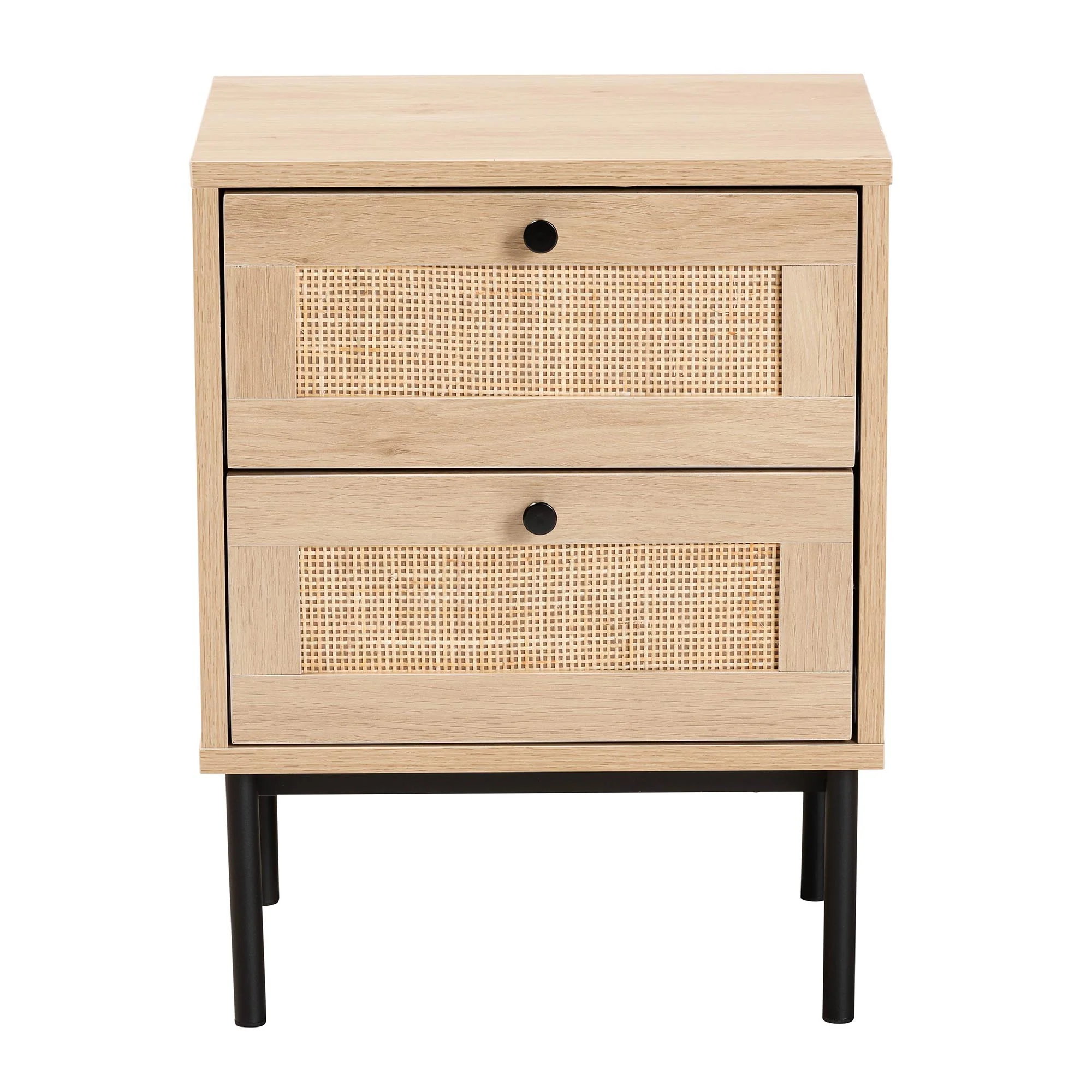 Baxton Studio Sherwin Mid-Century Modern Light Brown and Black 2-Drawer End Table with Woven Rattan Accent - Image 4