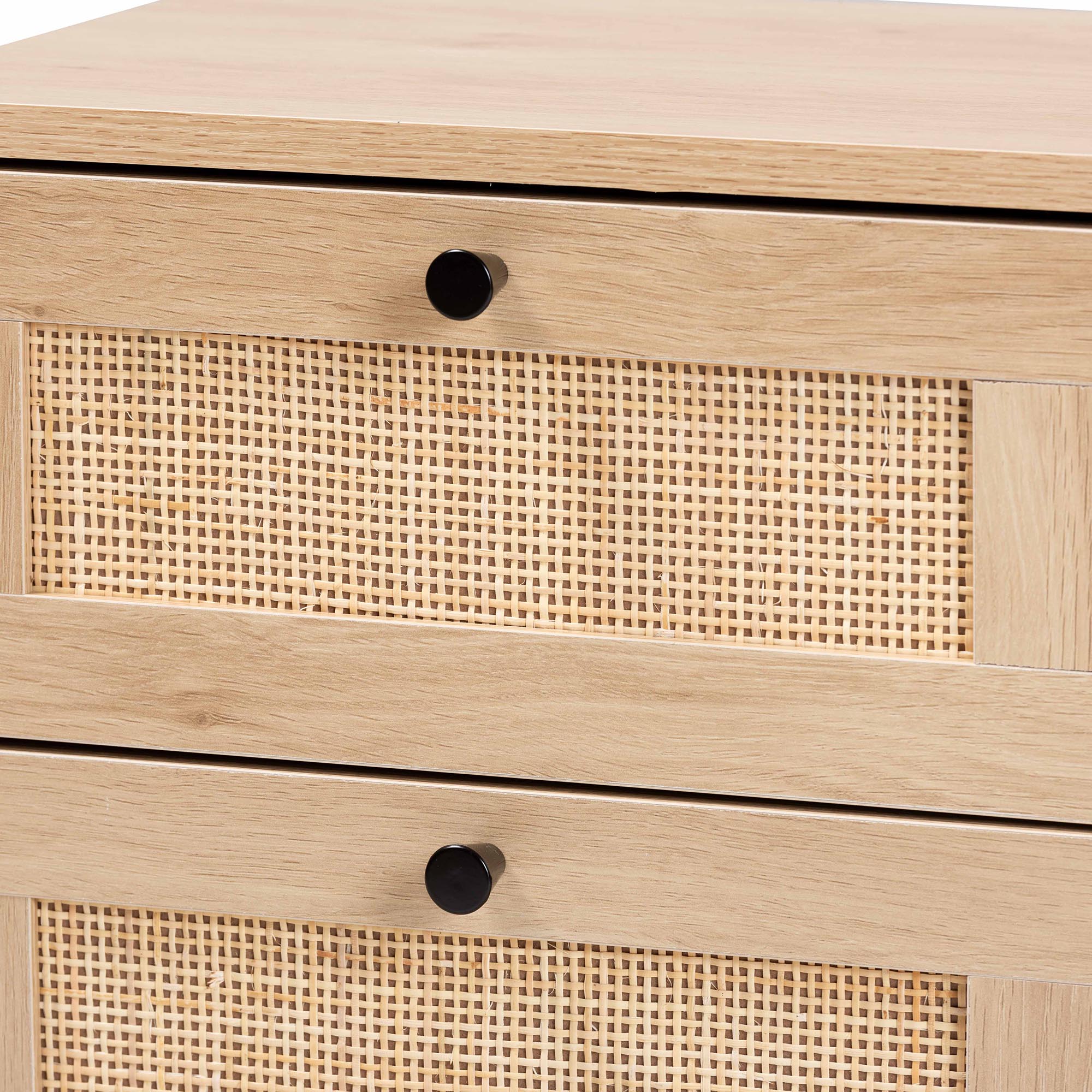 Baxton Studio Sherwin Mid-Century Modern Light Brown and Black 2-Drawer End Table with Woven Rattan Accent - Image 6