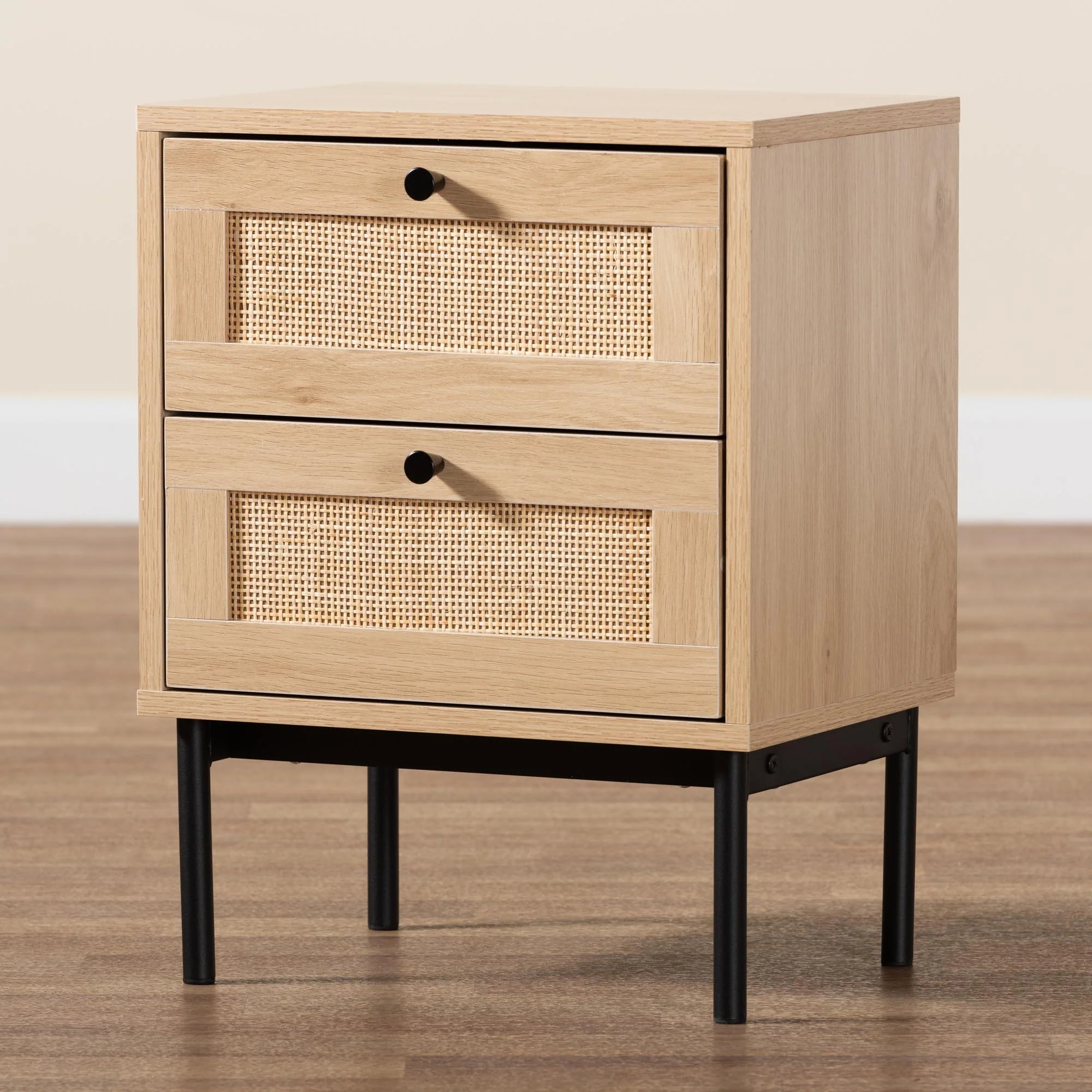 Baxton Studio Sherwin Mid-Century Modern Light Brown and Black 2-Drawer End Table with Woven Rattan Accent - Image 9