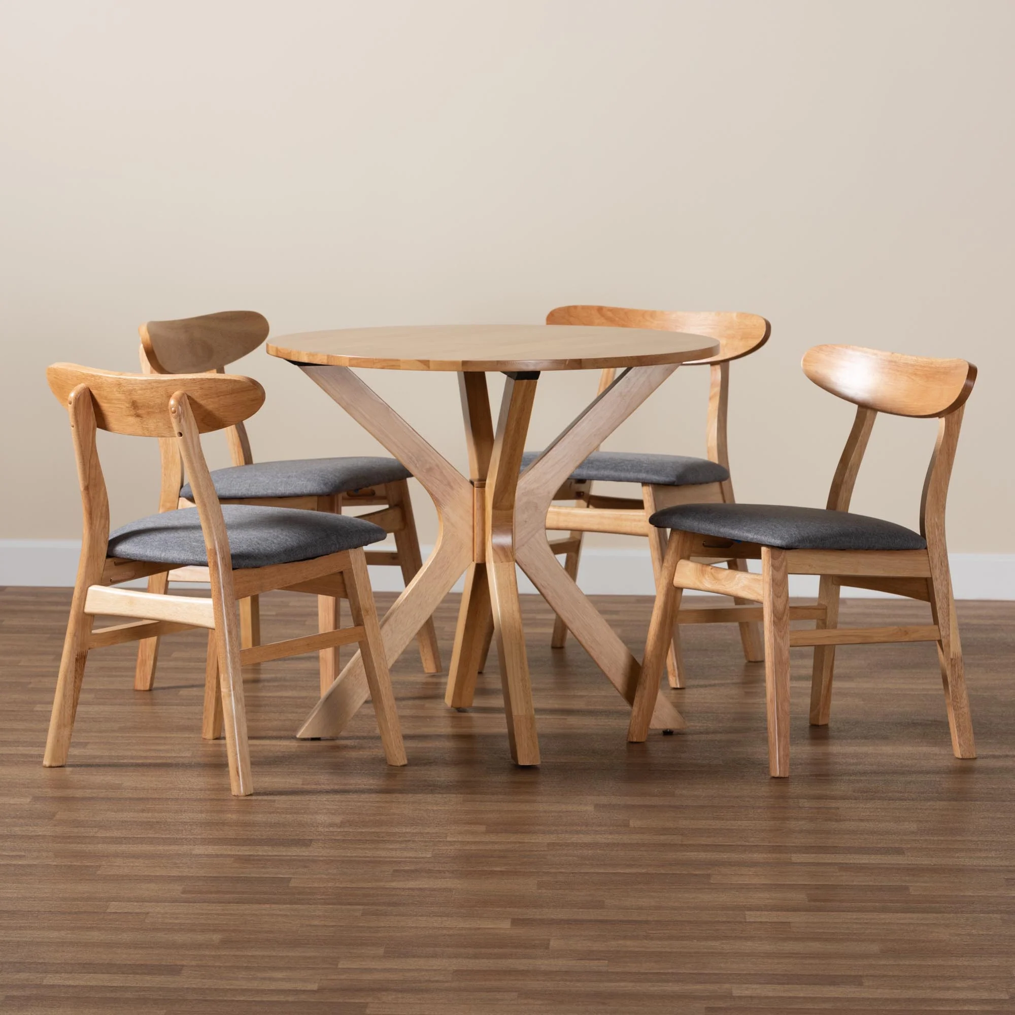 Baxton Studio Shirina Mid-Century Grey Fabric and Natural Brown Finished Wood 5-Piece Dining Set - Image 2