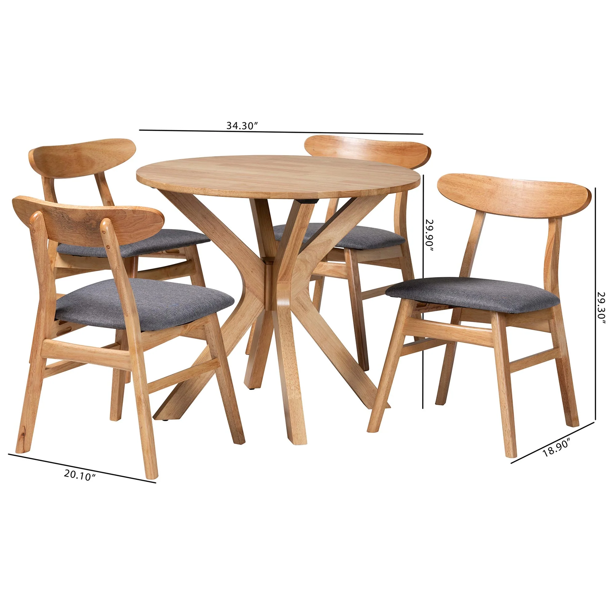 Baxton Studio Shirina Mid-Century Grey Fabric and Natural Brown Finished Wood 5-Piece Dining Set - Image 3
