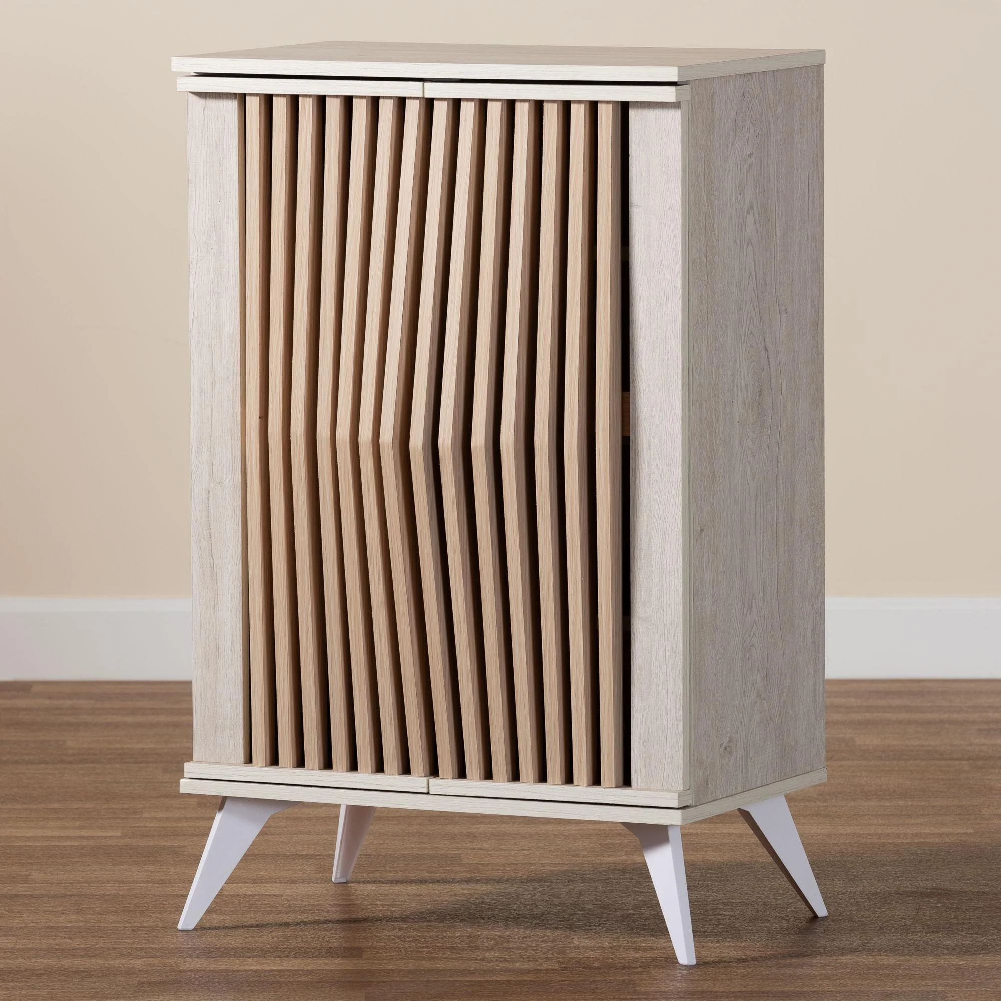 Baxton Studio Simona Mid-Century Modern Transitional Light Grey and Brown Wood 2-Door Storage Cabinet - Image 9