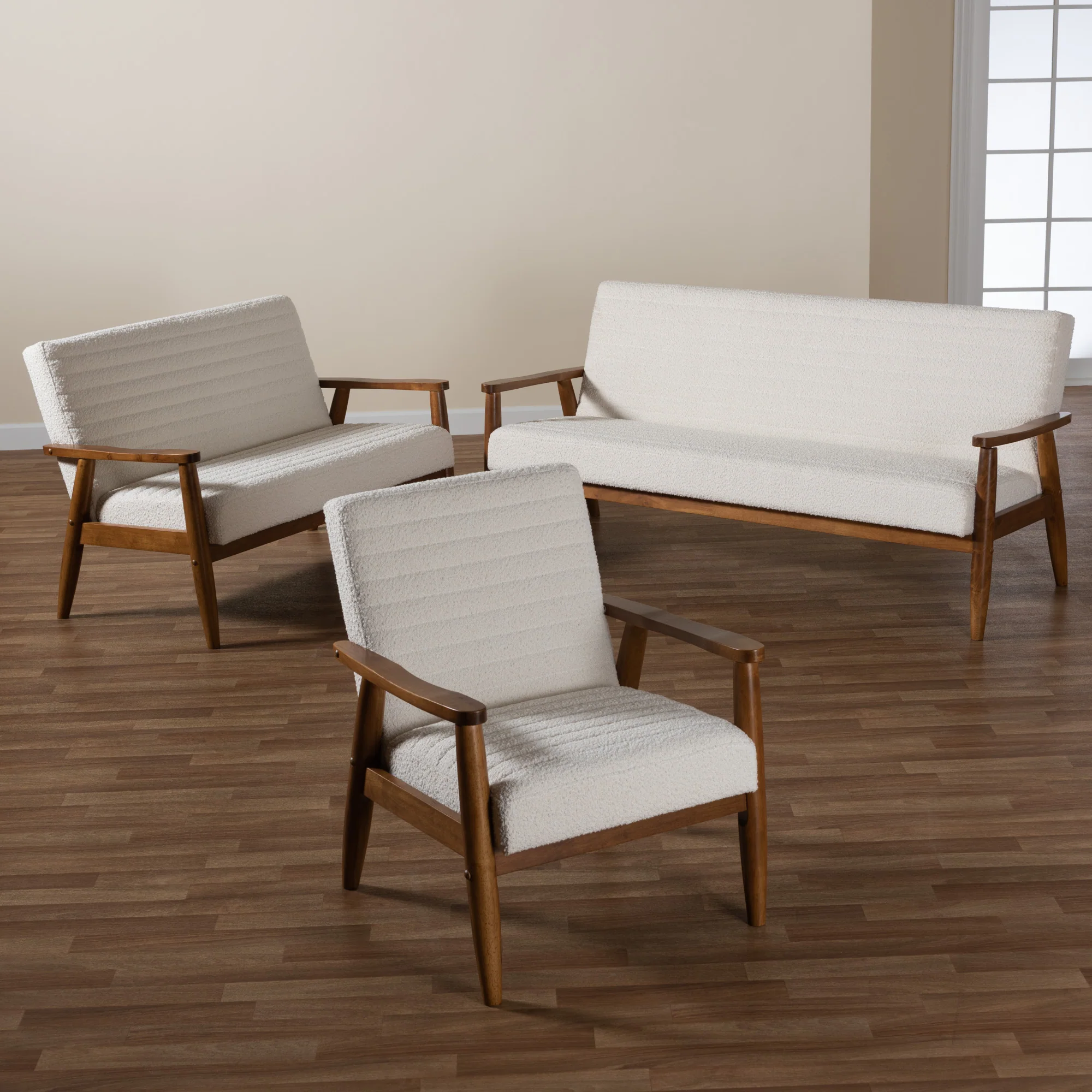 Baxton Studio Stratton Mid-Century Modern Cream Boucle Fabric and Walnut Brown Finished Wood 3-Piece Living Room Set - Image 2