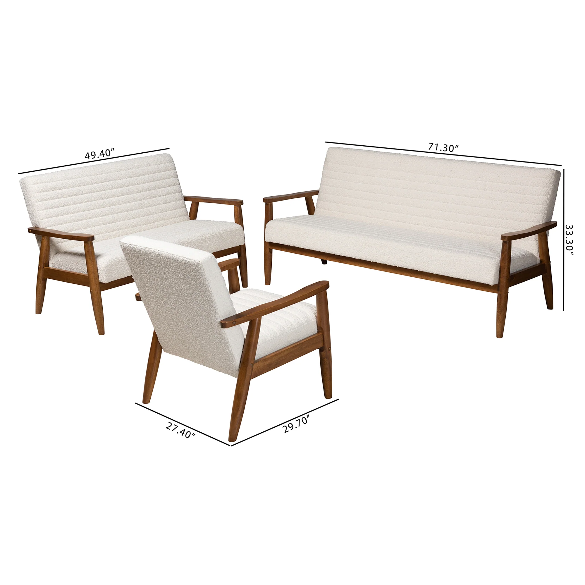 Baxton Studio Stratton Mid-Century Modern Cream Boucle Fabric and Walnut Brown Finished Wood 3-Piece Living Room Set - Image 3