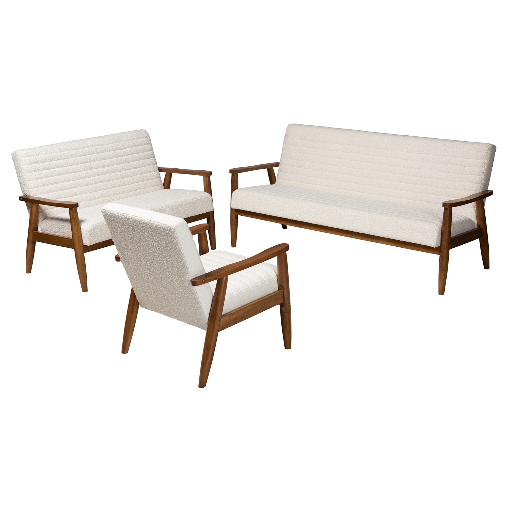 Baxton Studio Stratton Mid-Century Modern Cream Boucle Fabric and Walnut Brown Finished Wood 3-Piece Living Room Set - Image 4