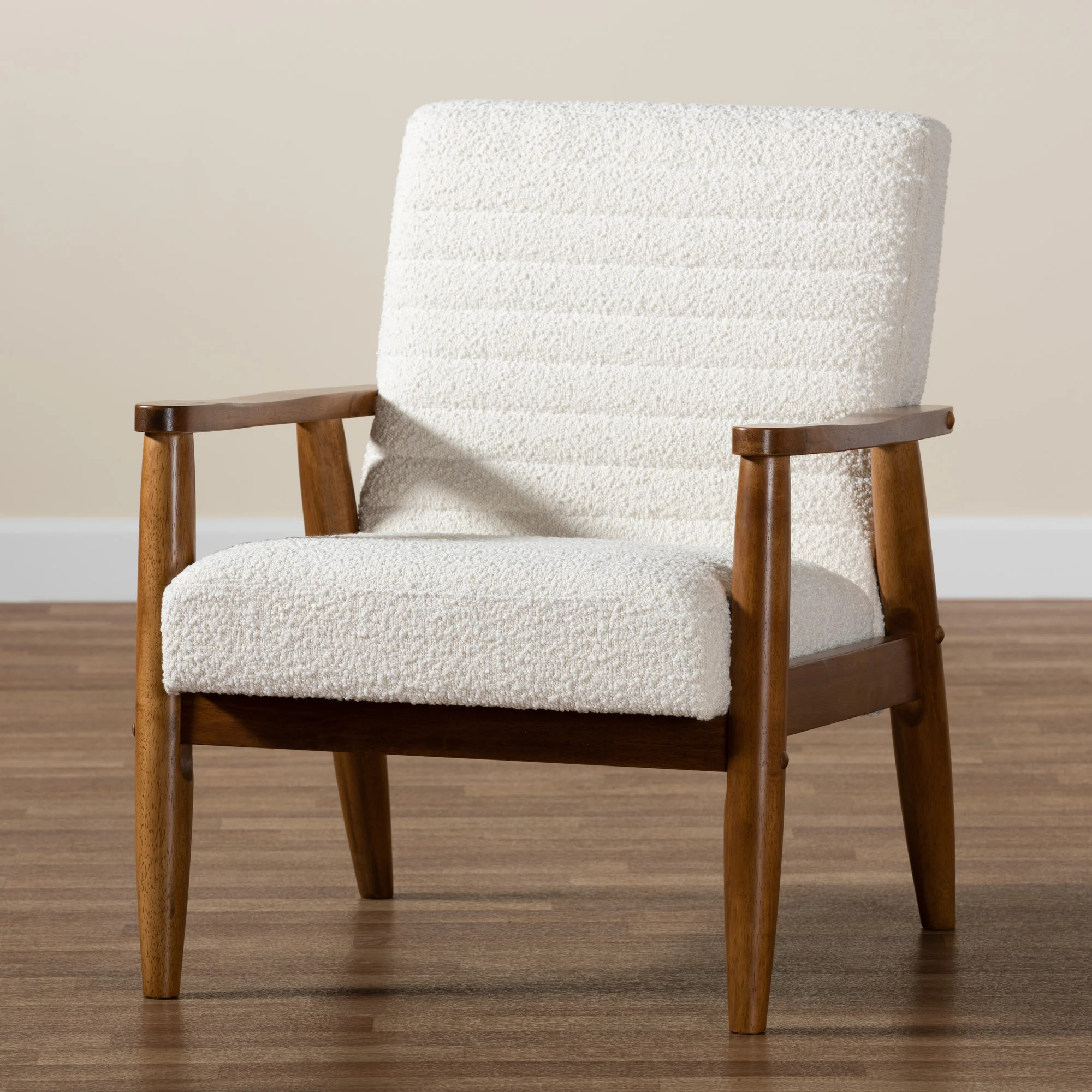 Baxton Studio Stratton Mid-Century Modern Cream Boucle Fabric and Walnut Brown Finished Wood Armchair - Image 9