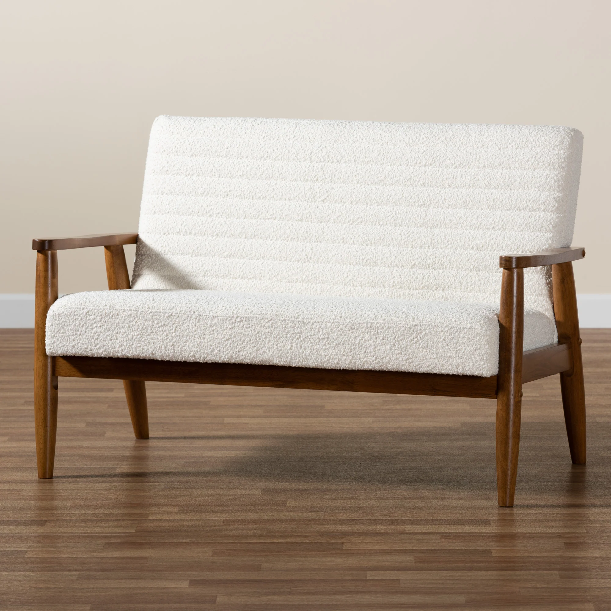 Baxton Studio Stratton Mid-Century Modern Cream Boucle Fabric and Walnut Brown Finished Wood Loveseat - Image 9