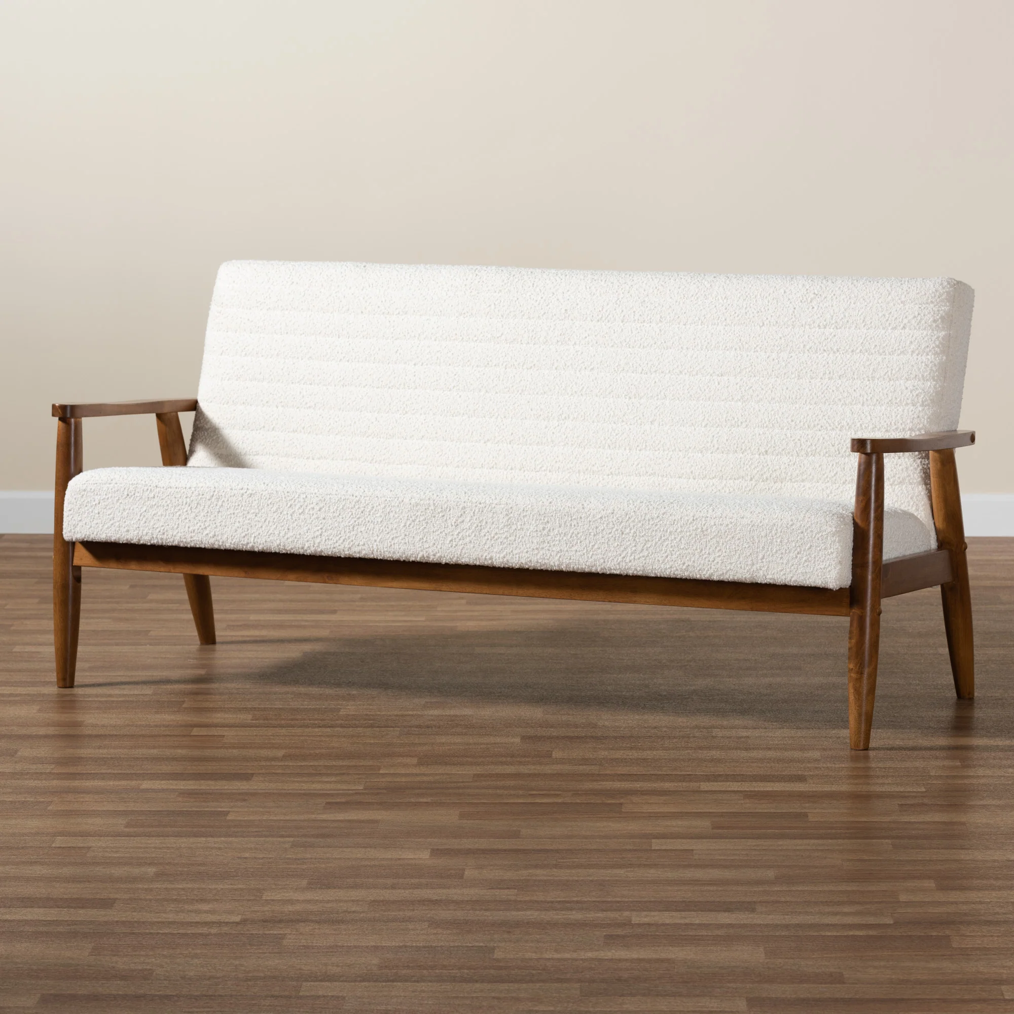 Baxton Studio Stratton Mid-Century Modern Cream Boucle Fabric and Walnut Brown Finished Wood Sofa - Image 9