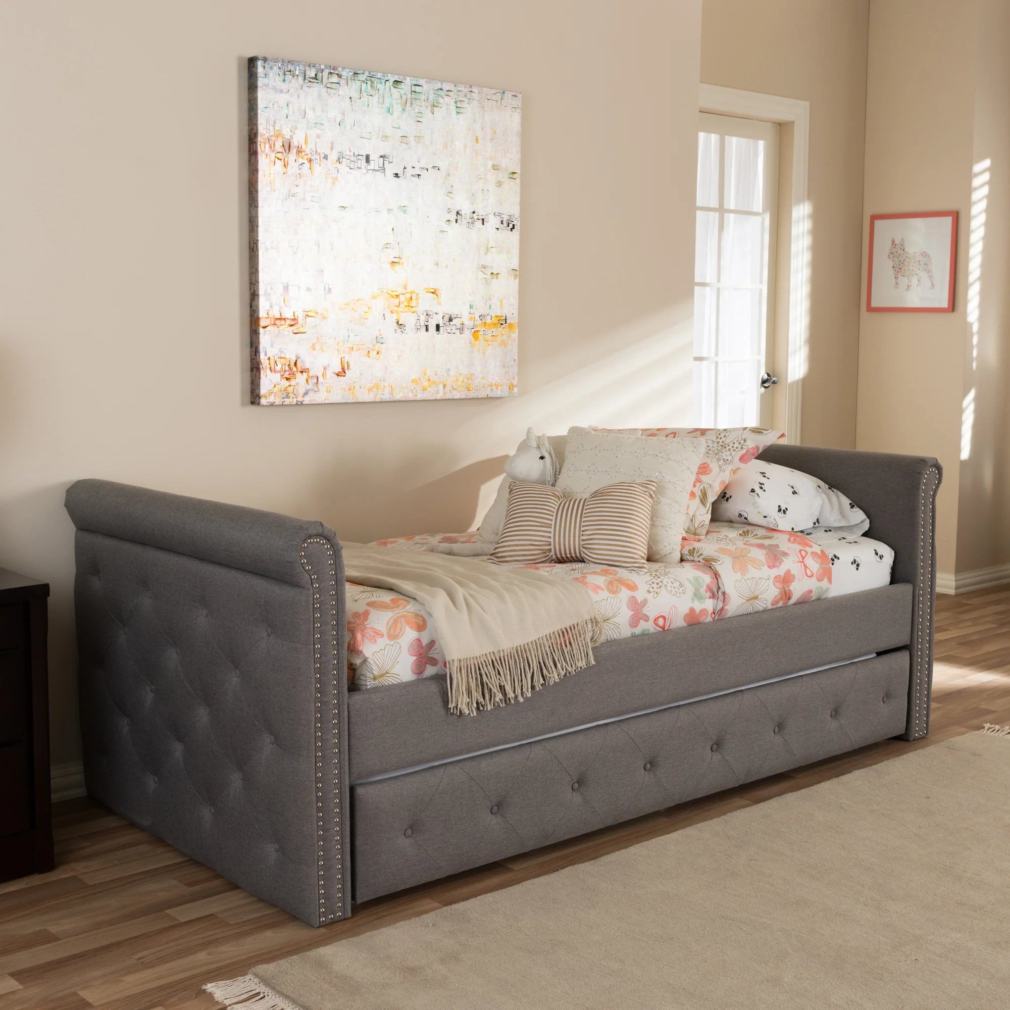 Baxton Studio Swamson Modern and Contemporary Grey Fabric Tufted Twin Size Daybed with Roll-out Trundle Guest Bed - Image 11
