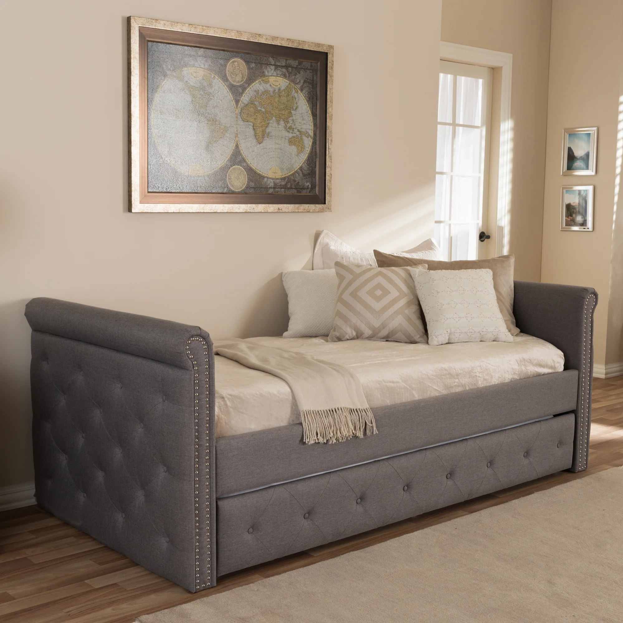 Baxton Studio Swamson Modern and Contemporary Grey Fabric Tufted Twin Size Daybed with Roll-out Trundle Guest Bed - Image 7
