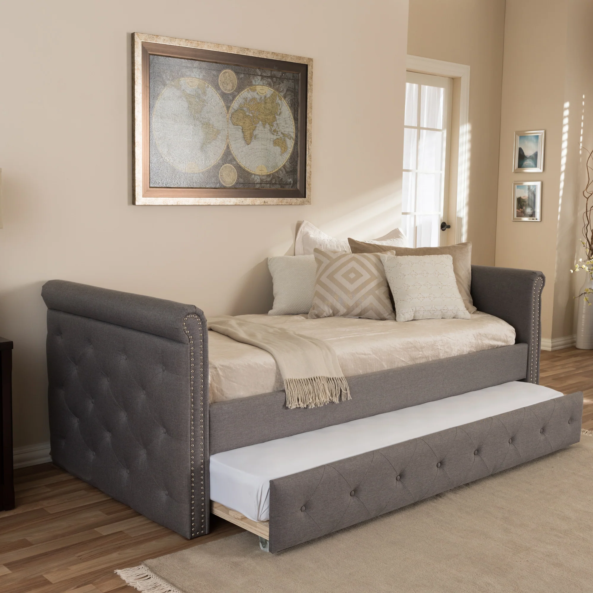 Baxton Studio Swamson Modern and Contemporary Grey Fabric Tufted Twin Size Daybed with Roll-out Trundle Guest Bed - Image 8