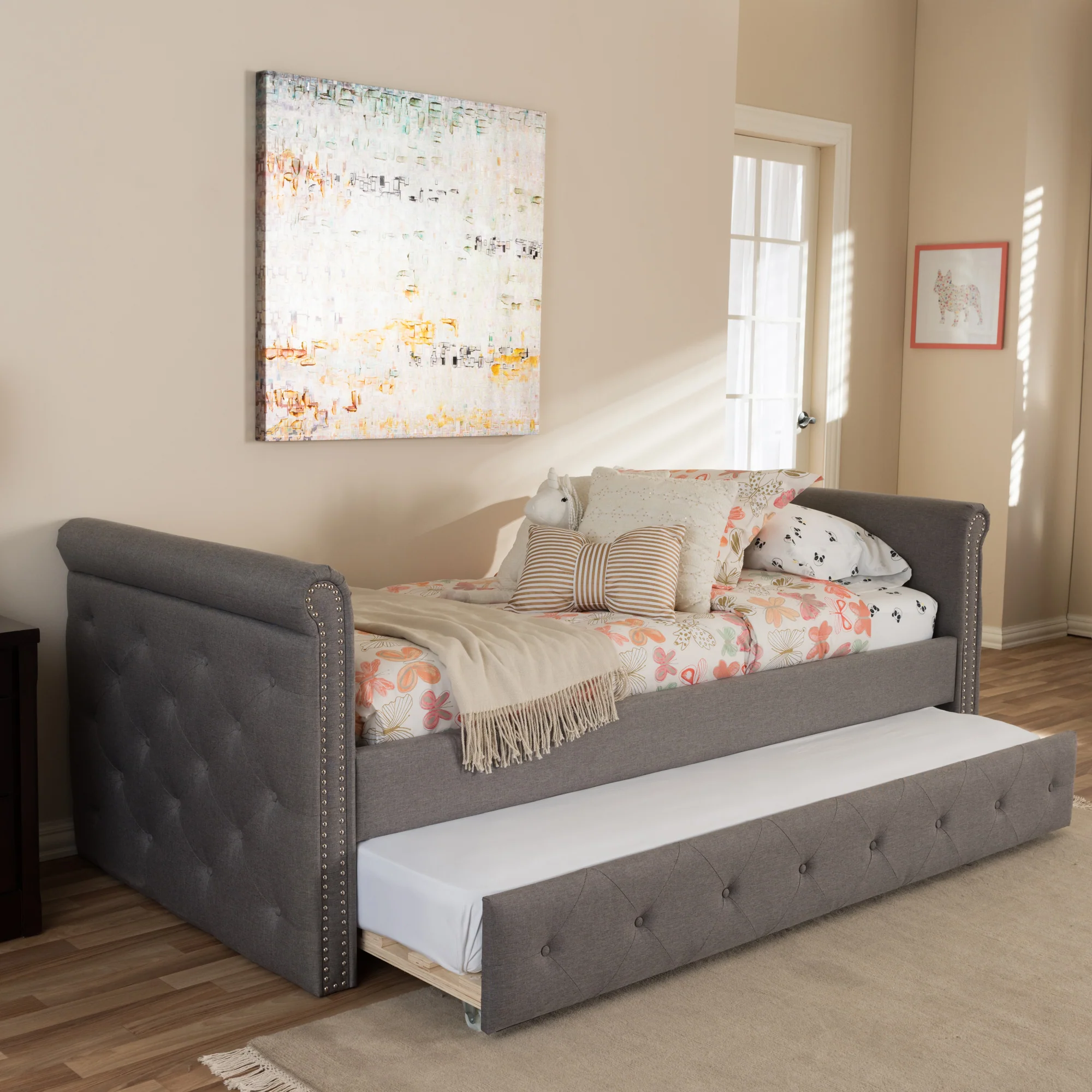 Baxton Studio Swamson Modern and Contemporary Grey Fabric Tufted Twin Size Daybed with Roll-out Trundle Guest Bed - Image 9