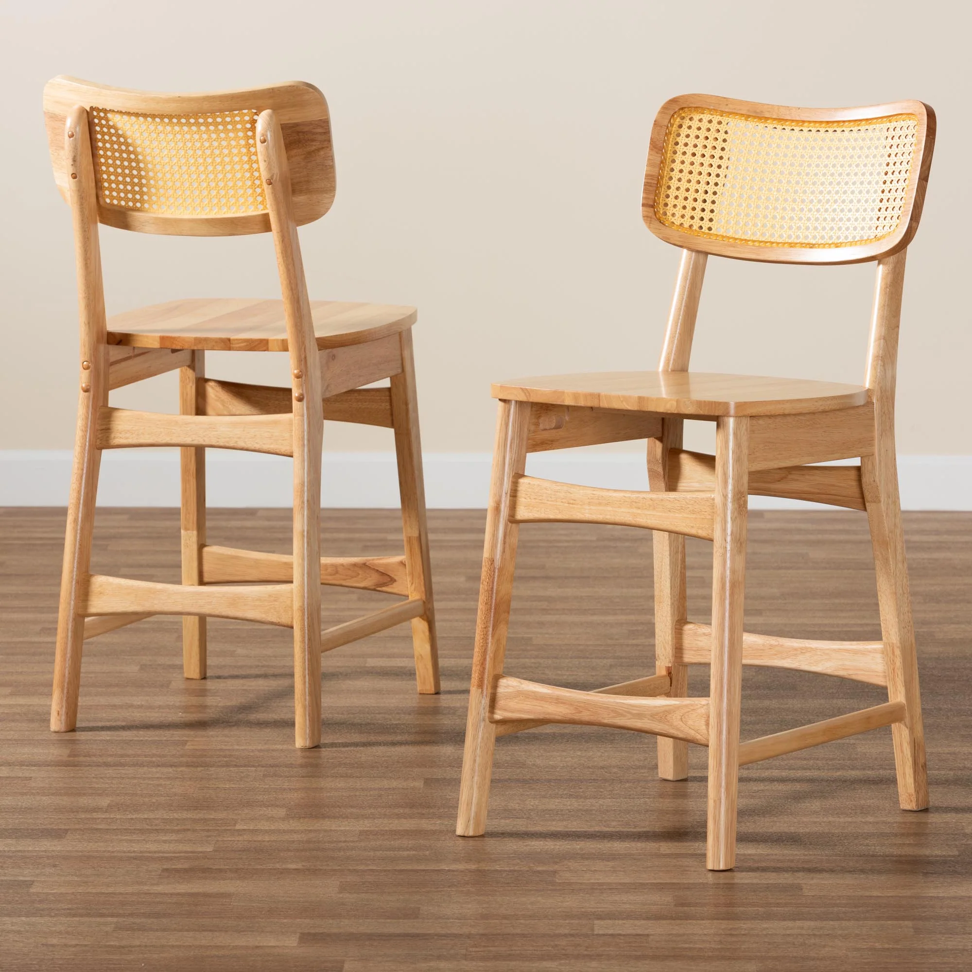 Baxton Studio Tadeo Mid-Century Modern Oak Brown Finished Wood and Rattan 2-Piece Counter Stool Set - Image 9