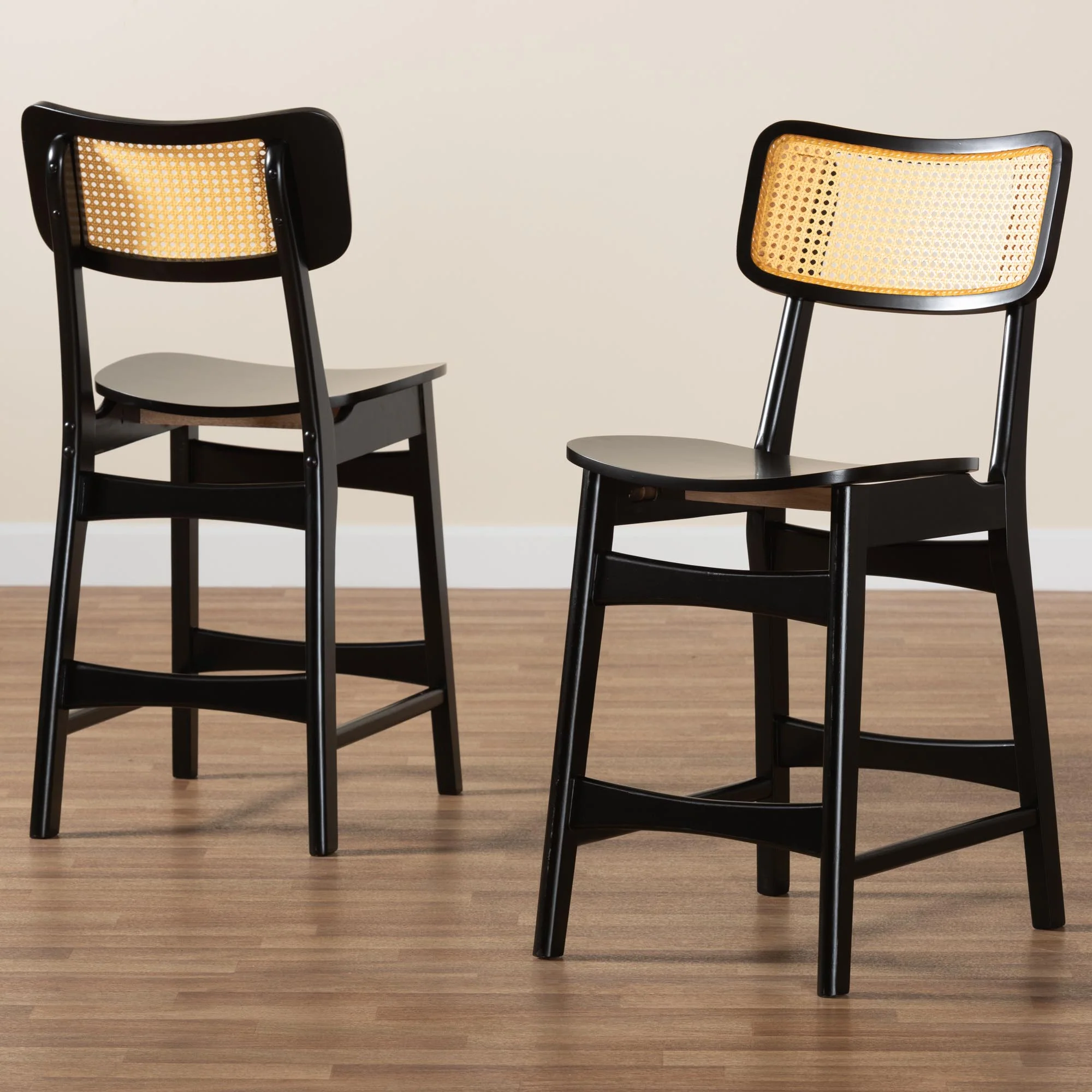 Baxton Studio Tafari Mid-Century Modern Dark Brown Finished Wood and Rattan 2-Piece Counter Stool Set - Image 9