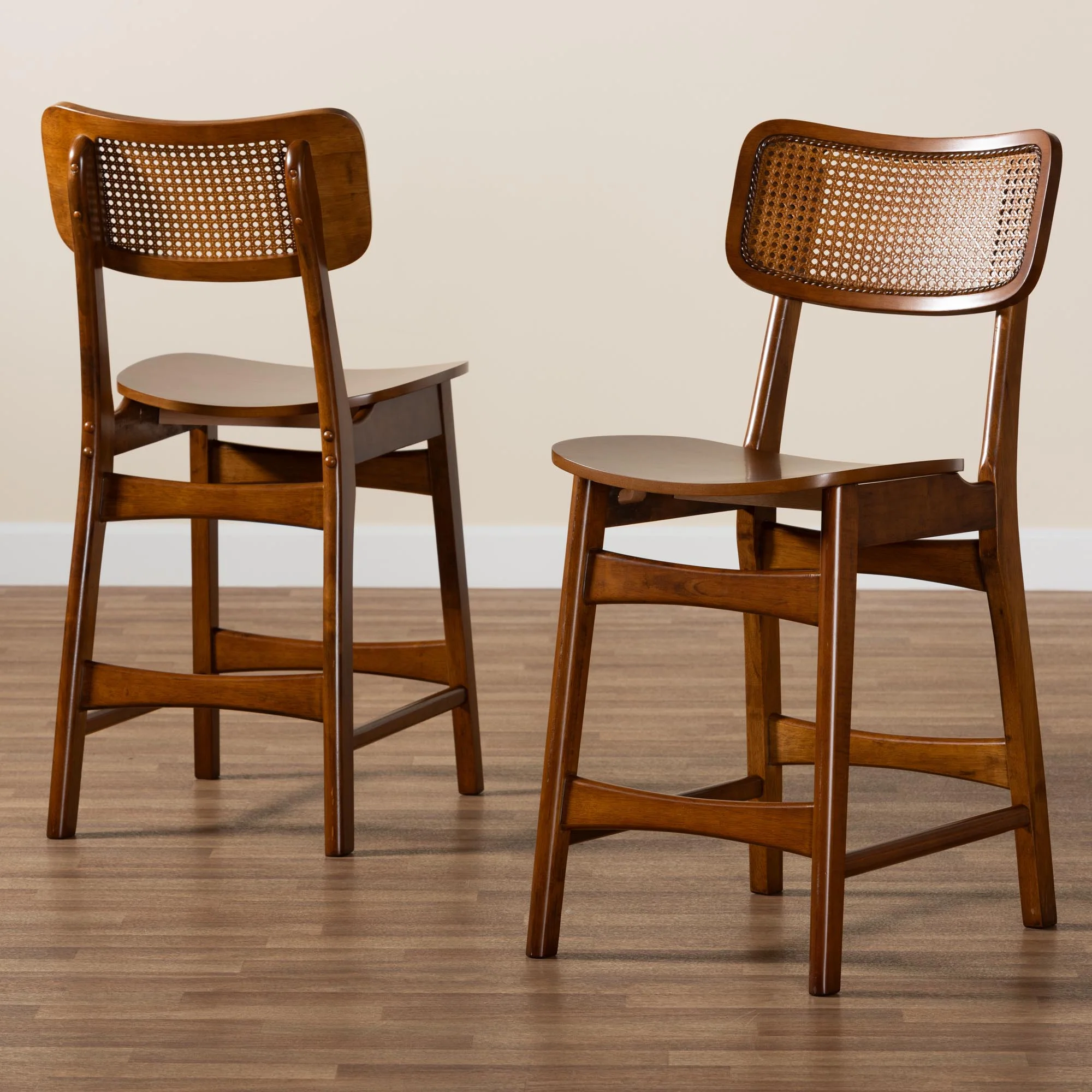 Baxton Studio Tafari Mid-Century Modern Walnut Brown Finished Wood and Rattan 2-Piece Counter Stool Set - Image 9