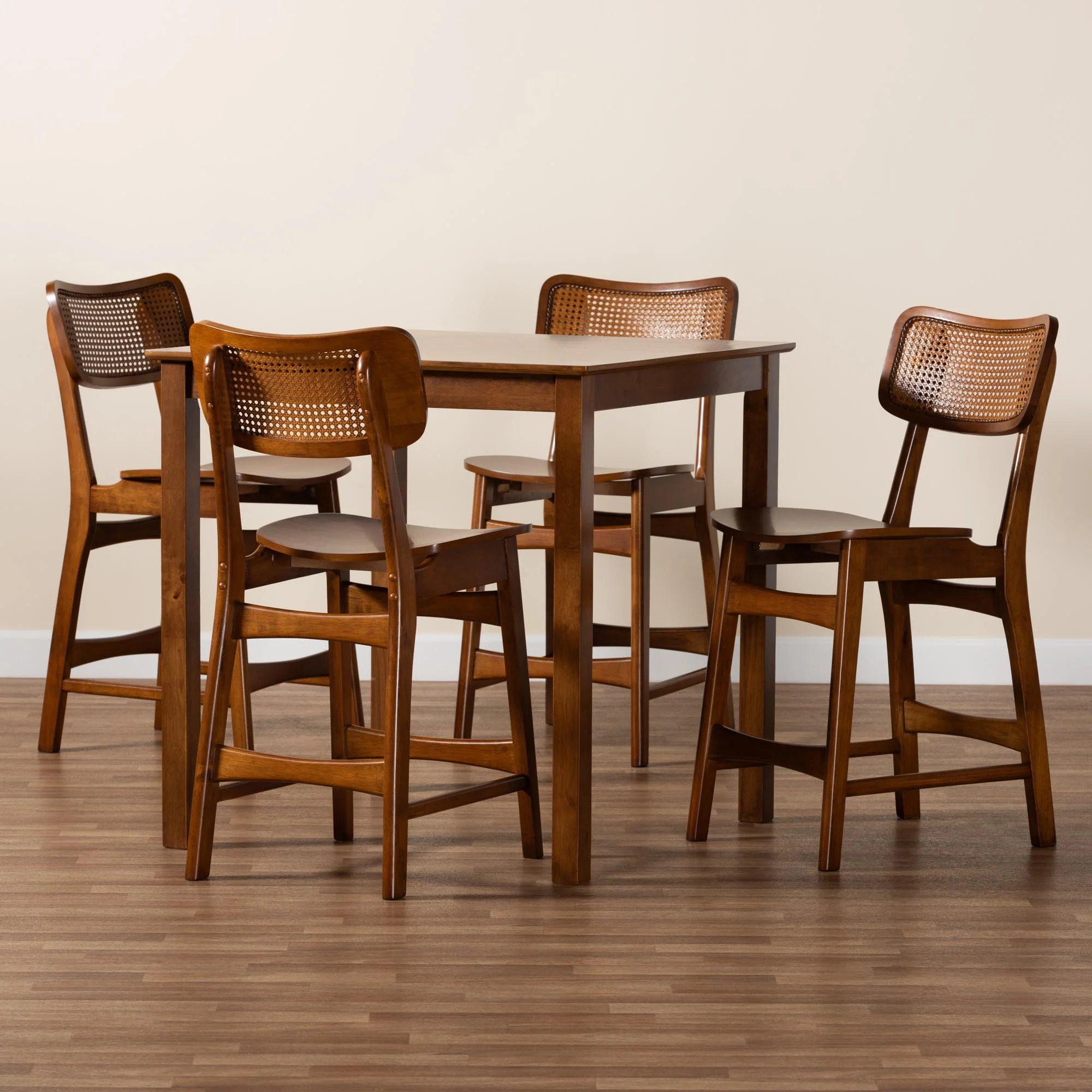 Baxton Studio Tafari Mid-Century Modern Walnut Brown Finished Wood and Rattan Pub Set - Image 2