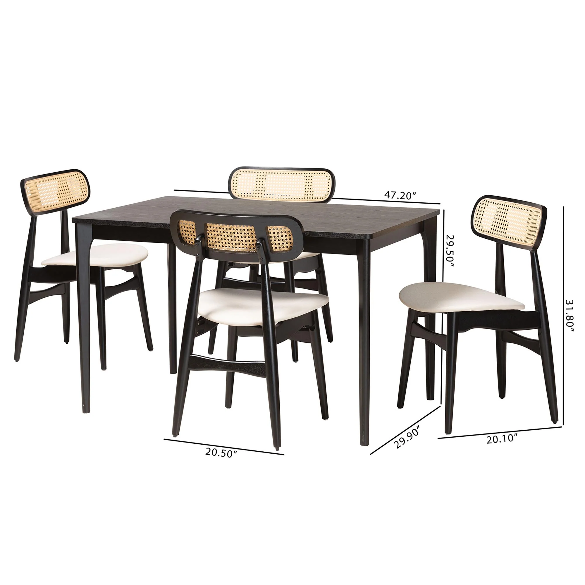 Baxton Studio Tarana Mid-Century Modern Cream Fabric and Black Finished Wood 5-Piece Dining Set - Image 10