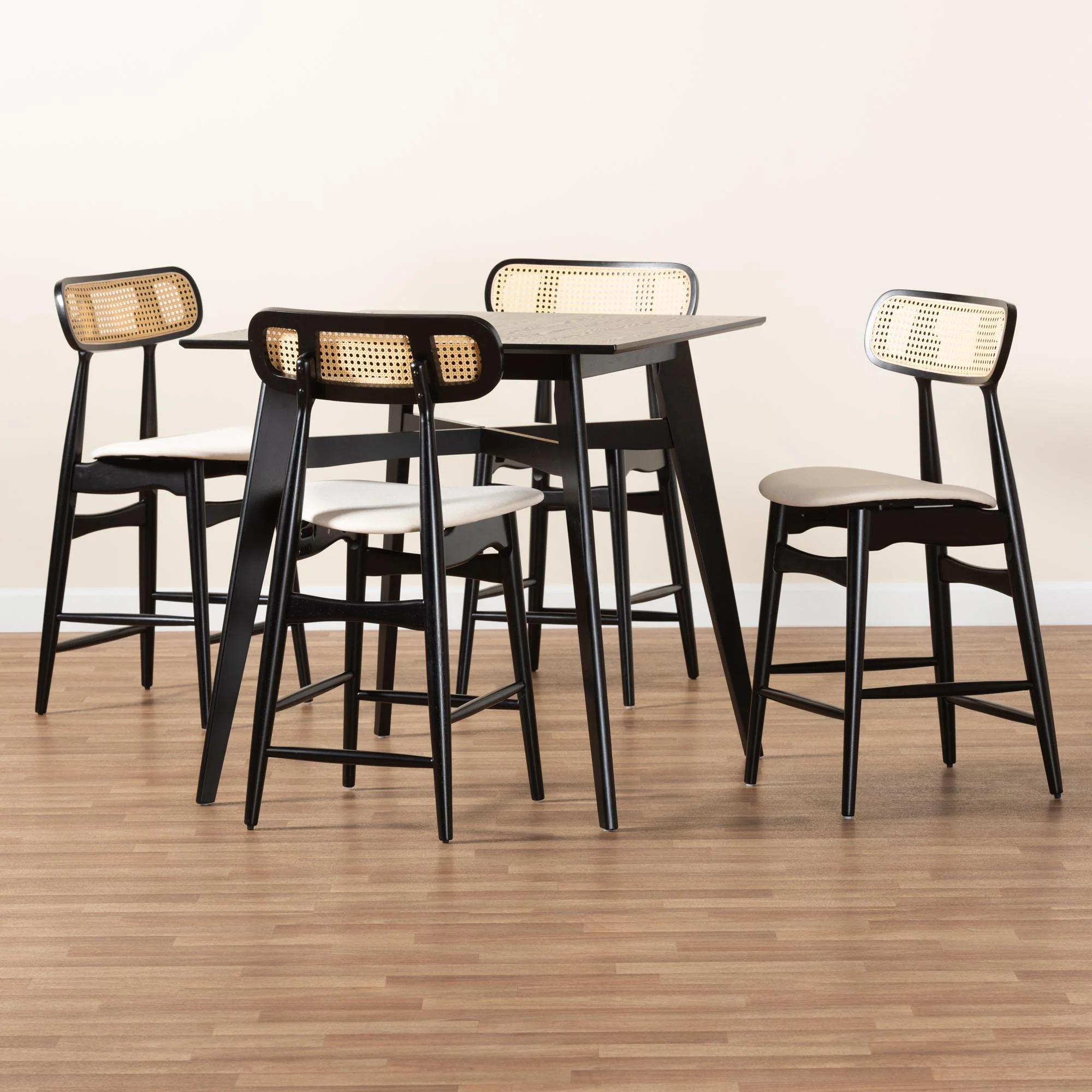 Baxton Studio Tarana Mid-Century Modern Cream Fabric and Black Finished Wood 5-Piece Pub Set - Image 9