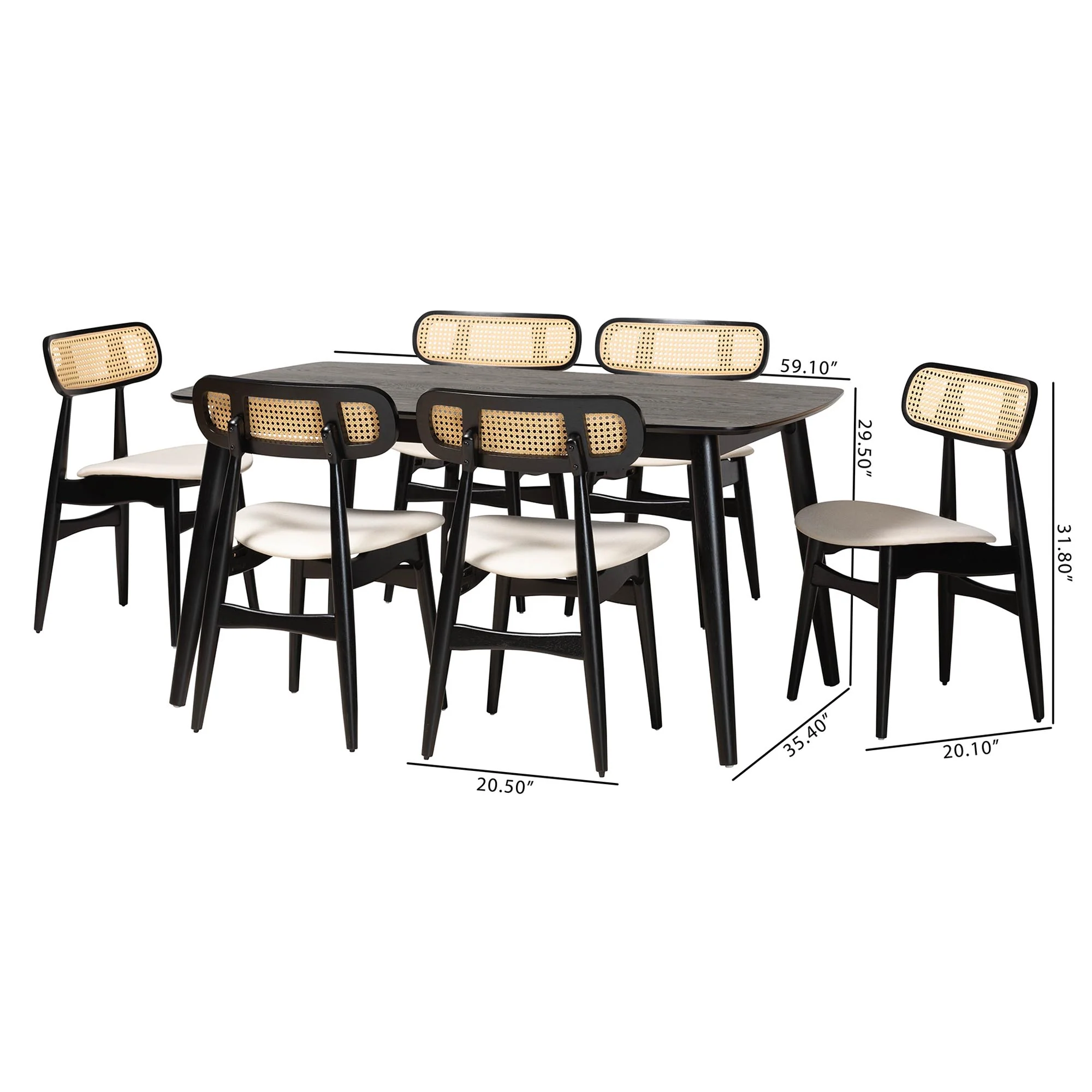 Baxton Studio Tarana Mid-Century Modern Cream Fabric and Black Finished Wood 7-Piece Dining Set - Image 10
