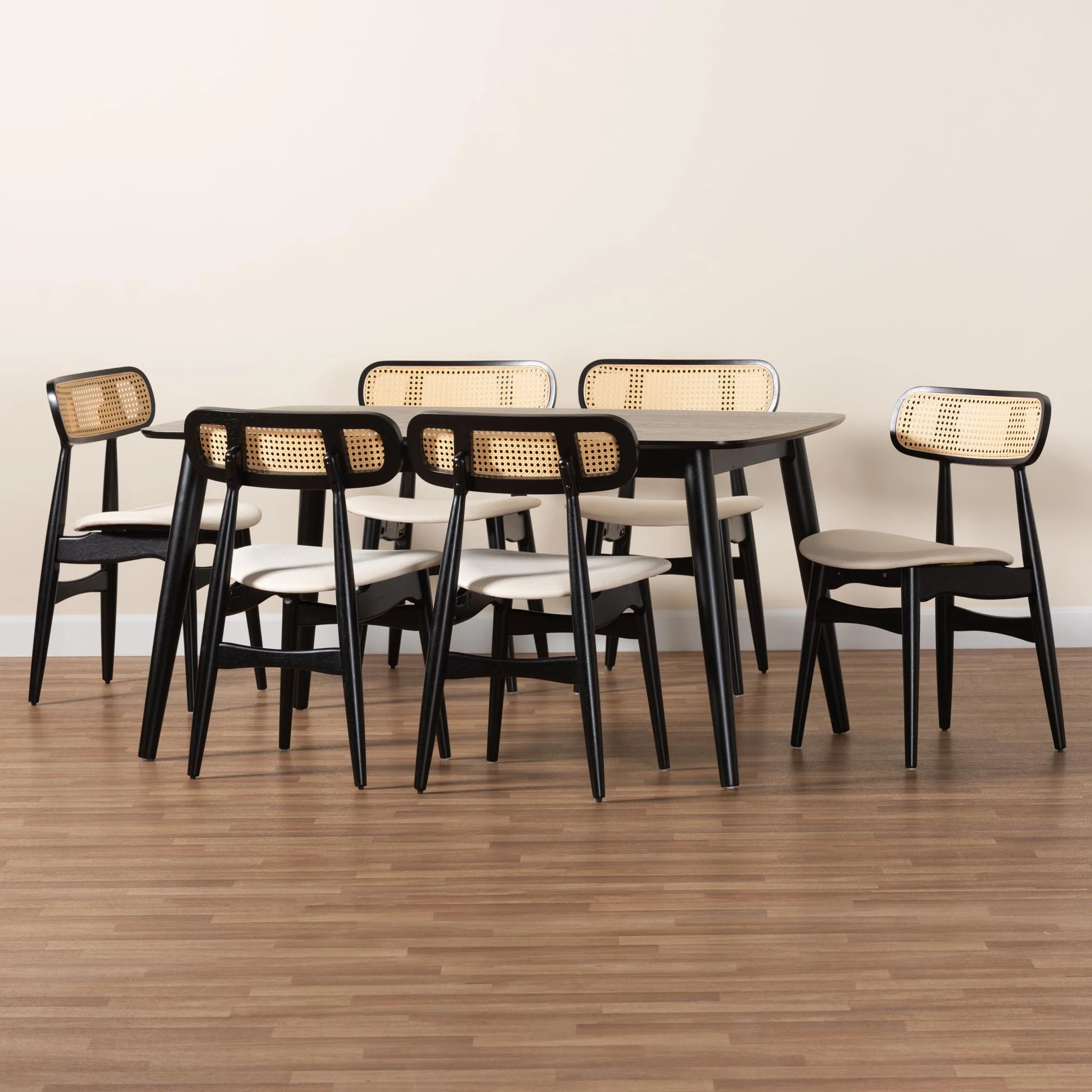 Baxton Studio Tarana Mid-Century Modern Cream Fabric and Black Finished Wood 7-Piece Dining Set - Image 9