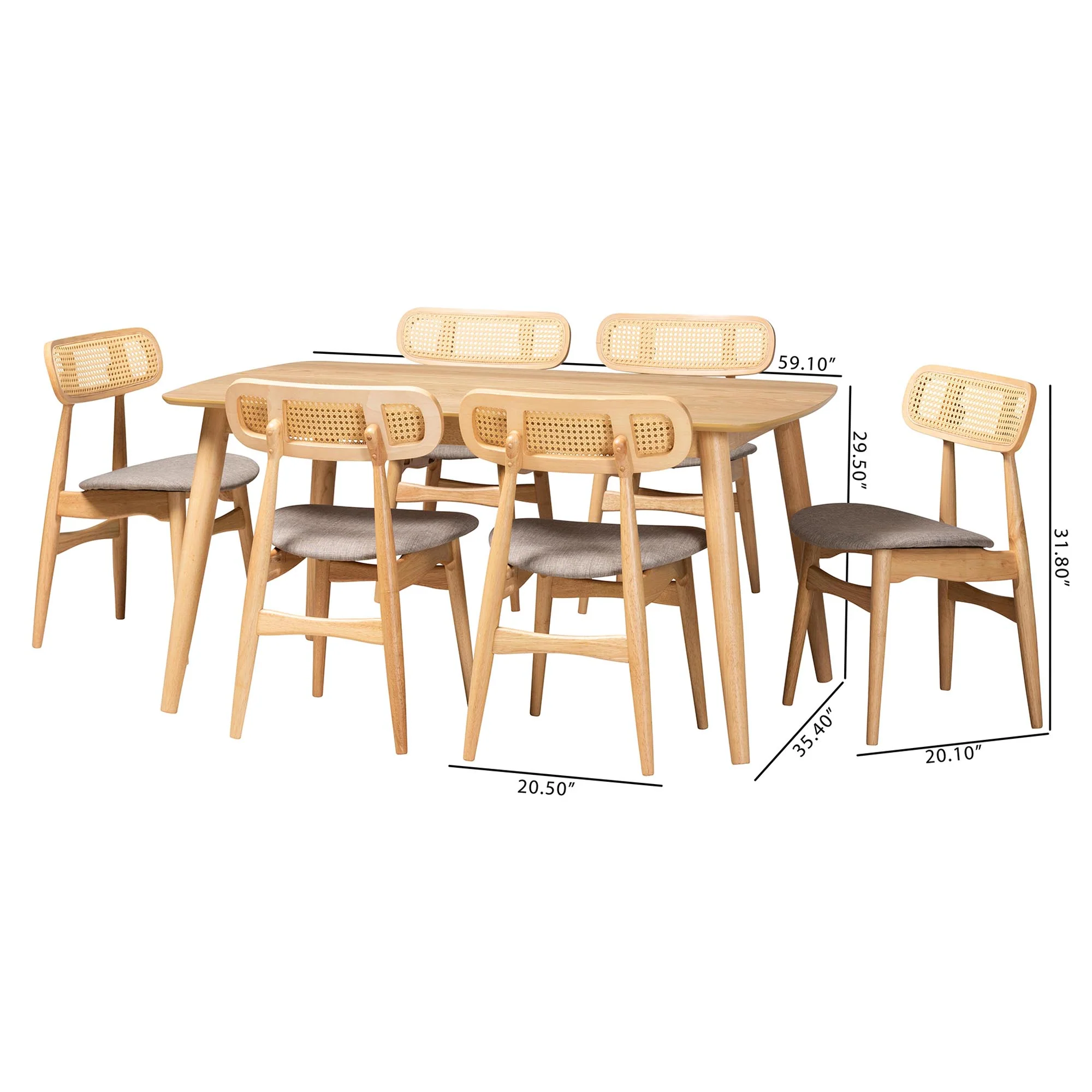 Baxton Studio Tarana Mid-Century Modern Grey Fabric and Natural Oak Finished Wood 7-Piece Dining Set - Image 10