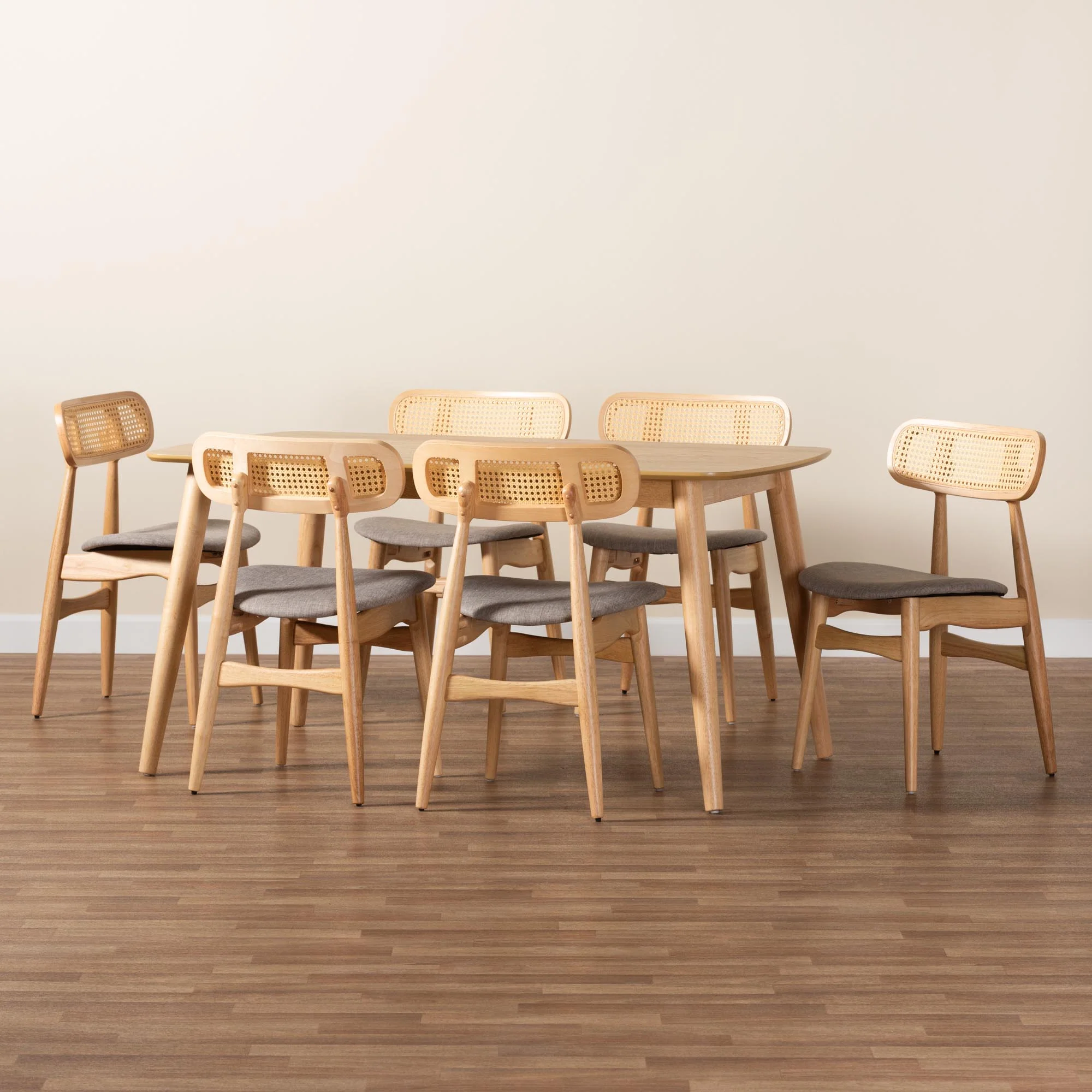 Baxton Studio Tarana Mid-Century Modern Grey Fabric and Natural Oak Finished Wood 7-Piece Dining Set - Image 9