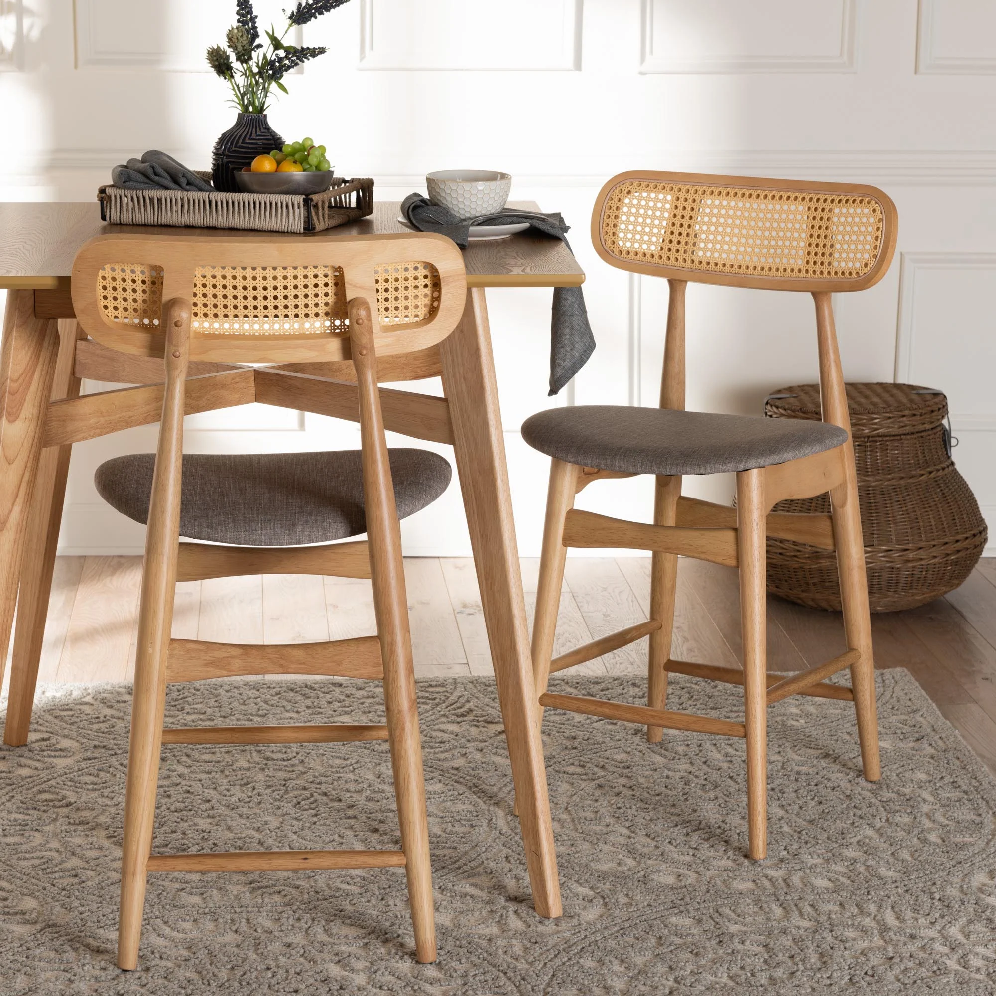 Baxton Studio Tarana Mid-Century Modern Grey Fabric and Walnut Brown Finished Wood 2-Piece Counter Stool Set - Image 10