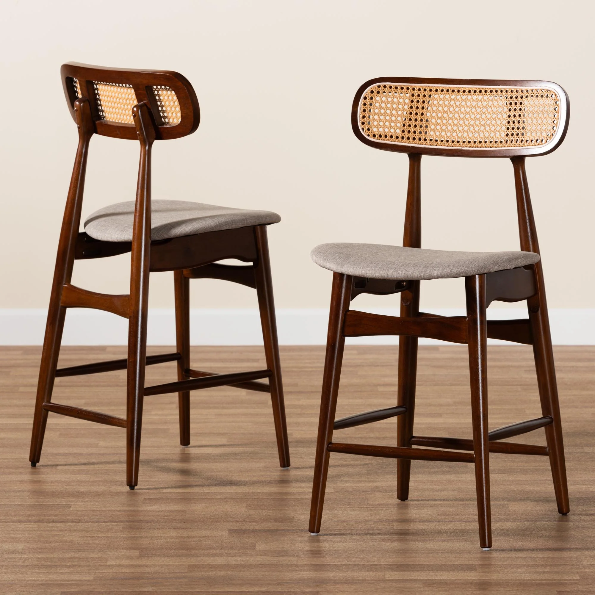 Baxton Studio Tarana Mid-Century Modern Grey Fabric and Walnut Brown Finished Wood 2-Piece Counter Stool Set - Image 9