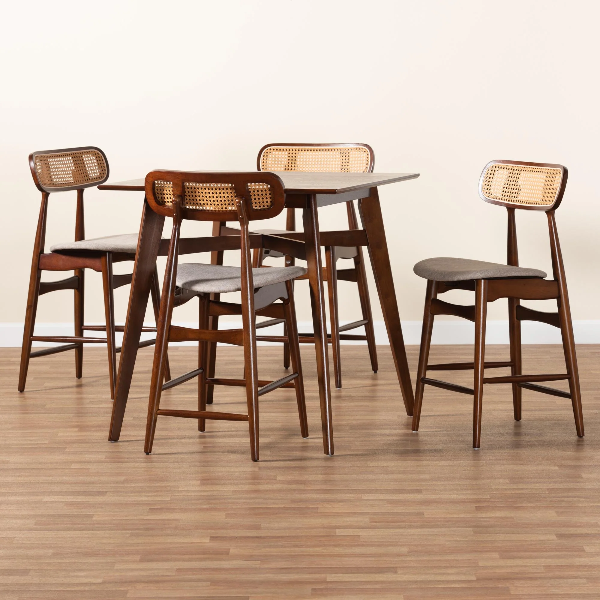 Baxton Studio Tarana Mid-Century Modern Grey Fabric and Walnut Brown Finished Wood 5-Piece Pub Set - Image 9