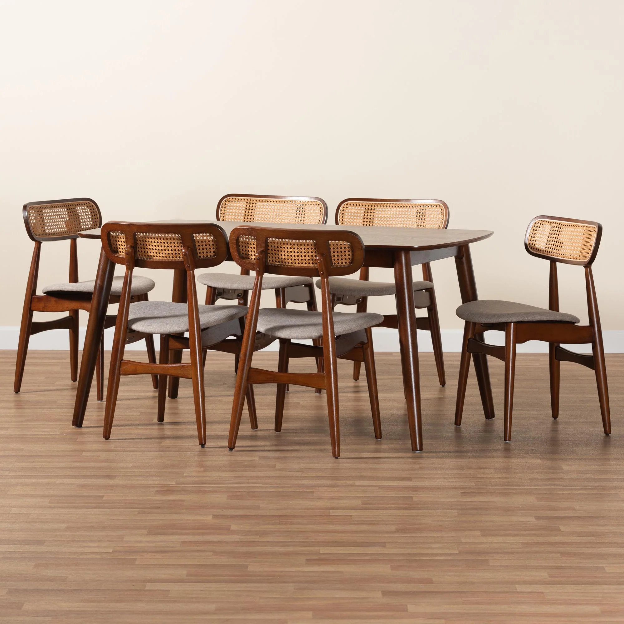 Baxton Studio Tarana Mid-Century Modern Grey Fabric and Walnut Brown Finished Wood 7-Piece Dining Set - Image 2
