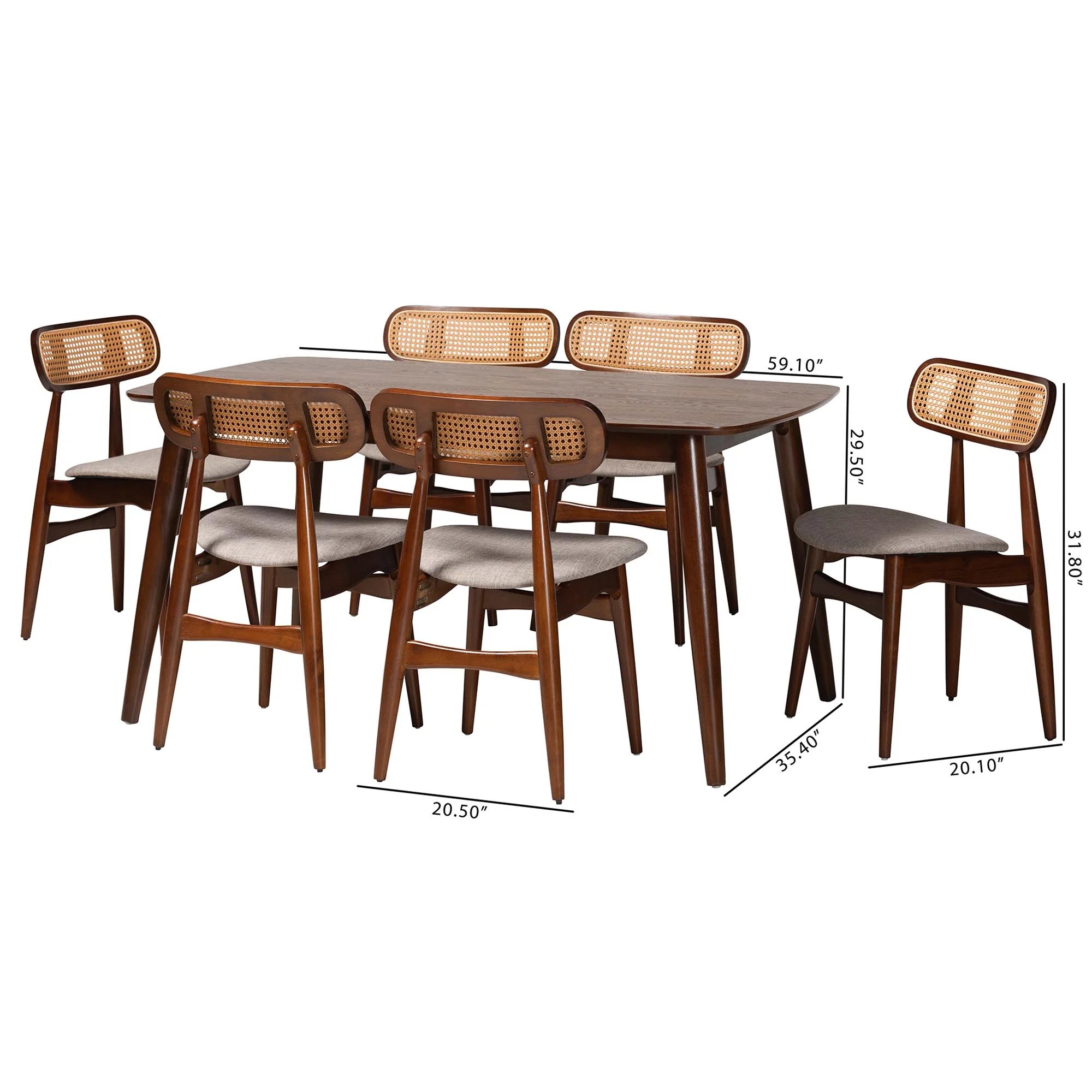 Baxton Studio Tarana Mid-Century Modern Grey Fabric and Walnut Brown Finished Wood 7-Piece Dining Set - Image 3