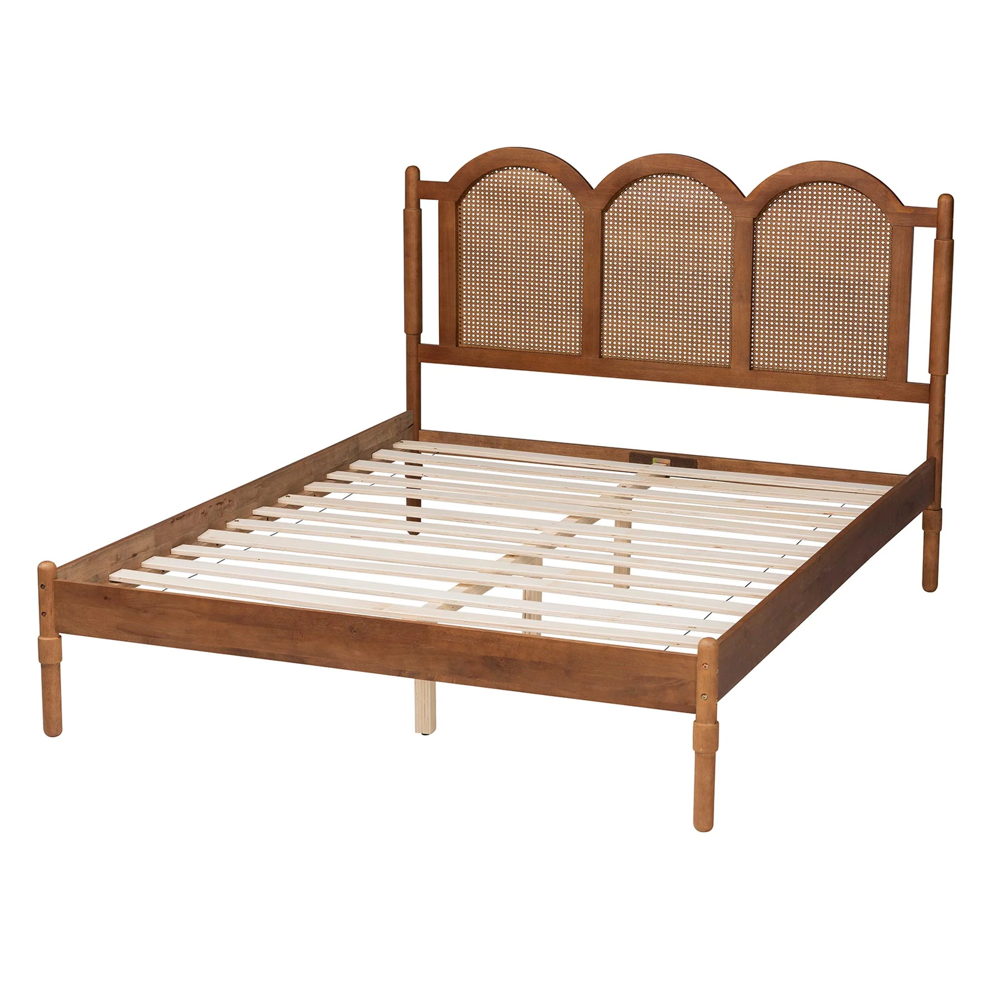 Baxton Studio Thatcher Mid-Century Modern Walnut Brown Finished Wood Queen Size Platform Bed with Woven Rattan - Image 6