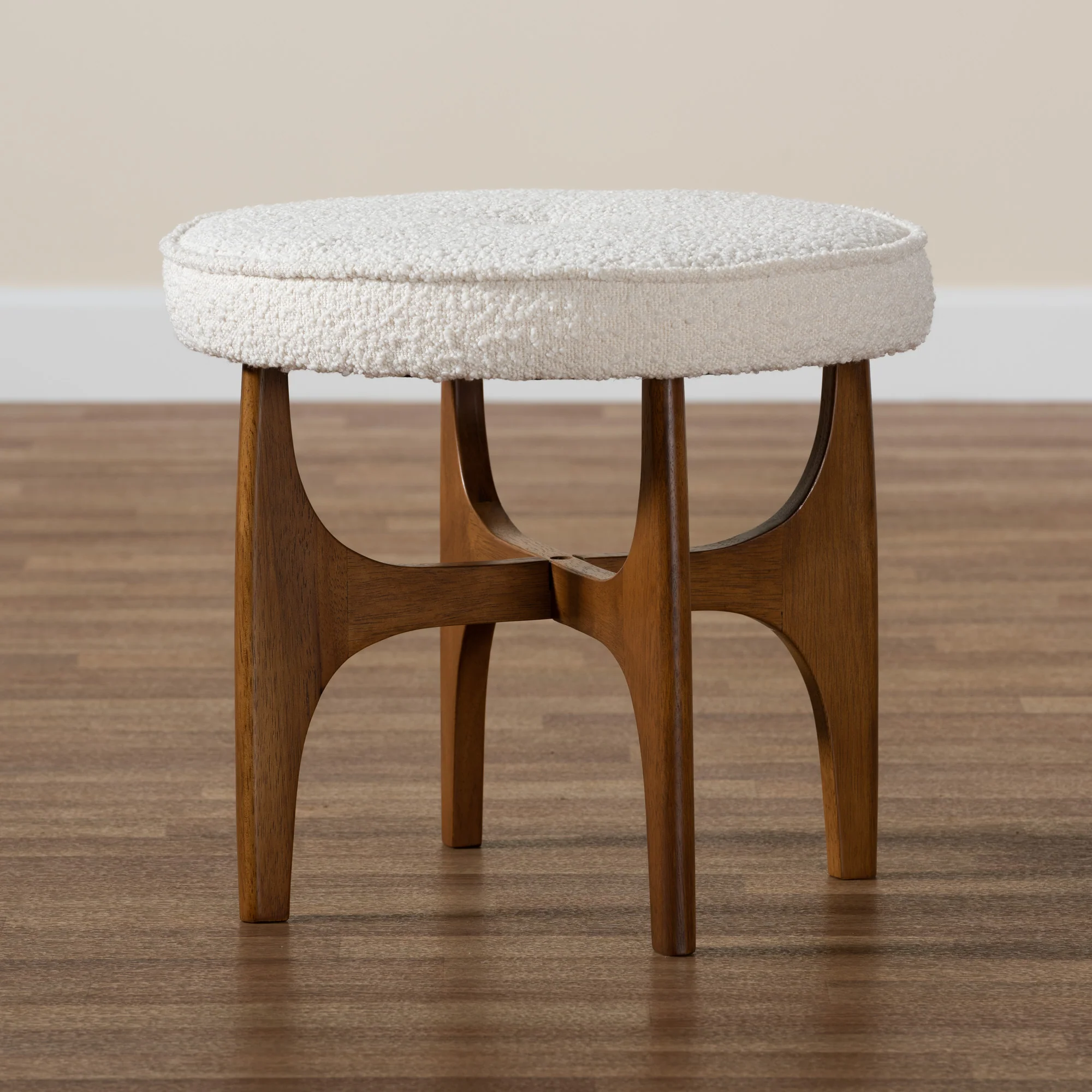 Baxton Studio Theo Japandi Cream Boucle Fabric and Walnut Brown Finished Rubberwood Ottoman Footstool - Image 6