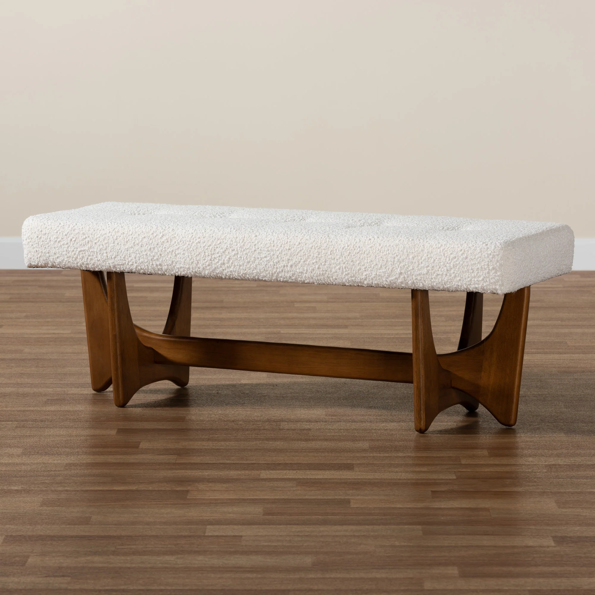 Baxton Studio Theo Japandi Cream Boucle Fabric and Walnut Brown Finished Wood Bench - Image 7