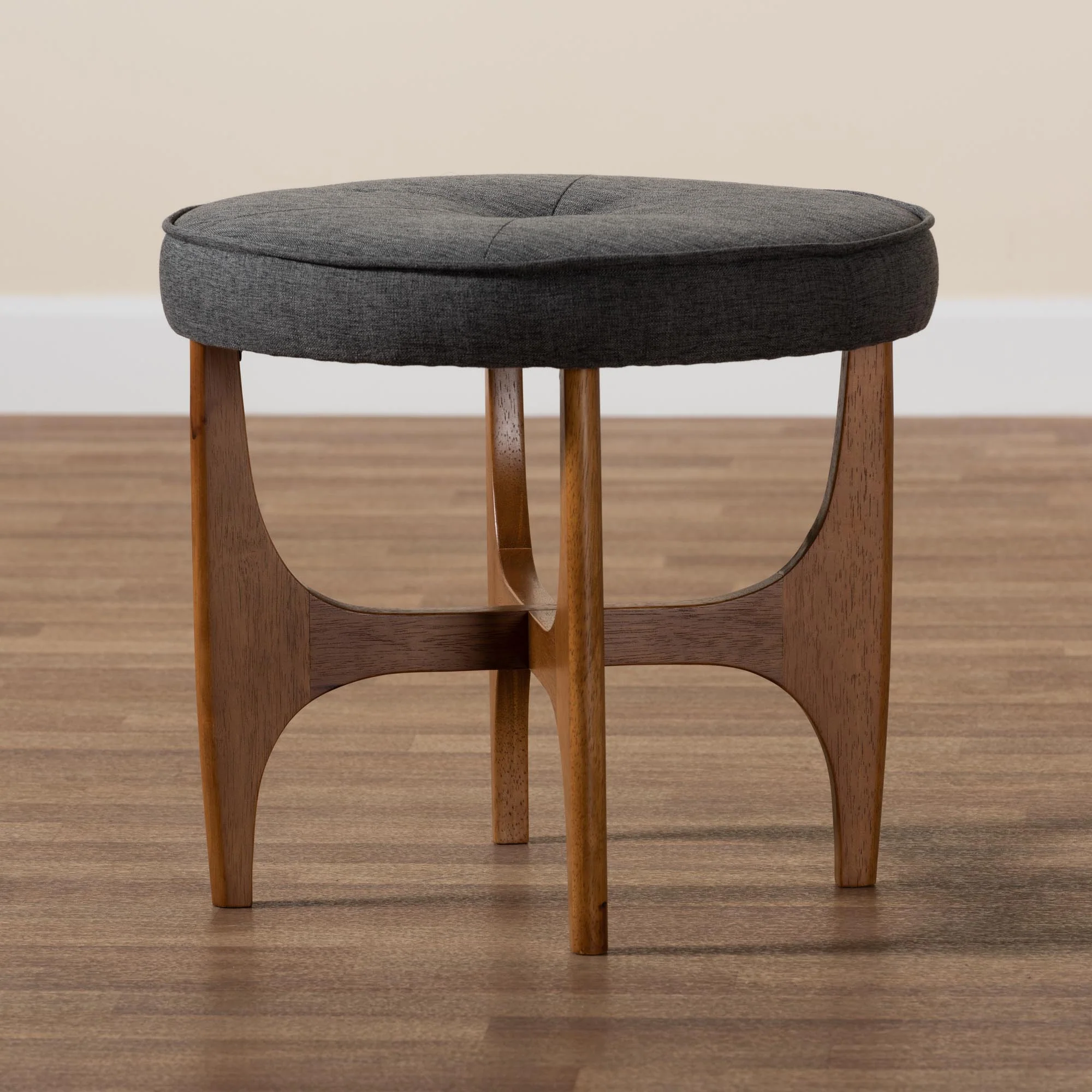 Baxton Studio Theo Japandi Dark Grey Fabric and Walnut Brown Finished Wood Ottoman Footstool - Image 7