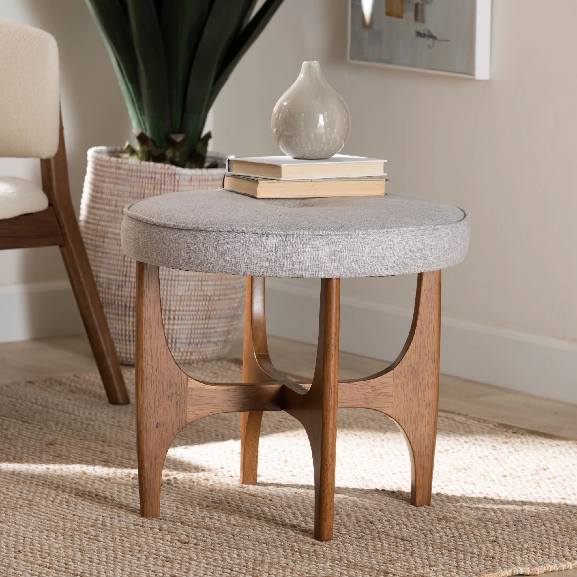 Baxton Studio Theo Japandi Dark Grey Fabric and Walnut Brown Finished Wood Ottoman Footstool - Image 9