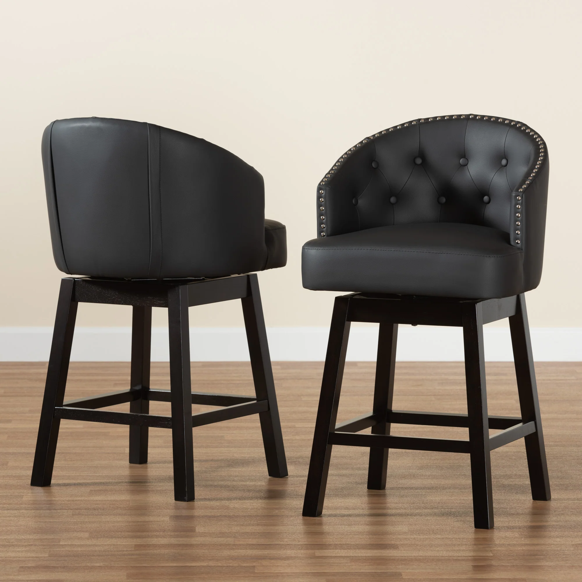 Baxton Studio Theron Mid-Century Transitional Black Faux Leather and Espresso Brown Finished Wood 2-Piece Swivel Counter Stool Set - Image 2