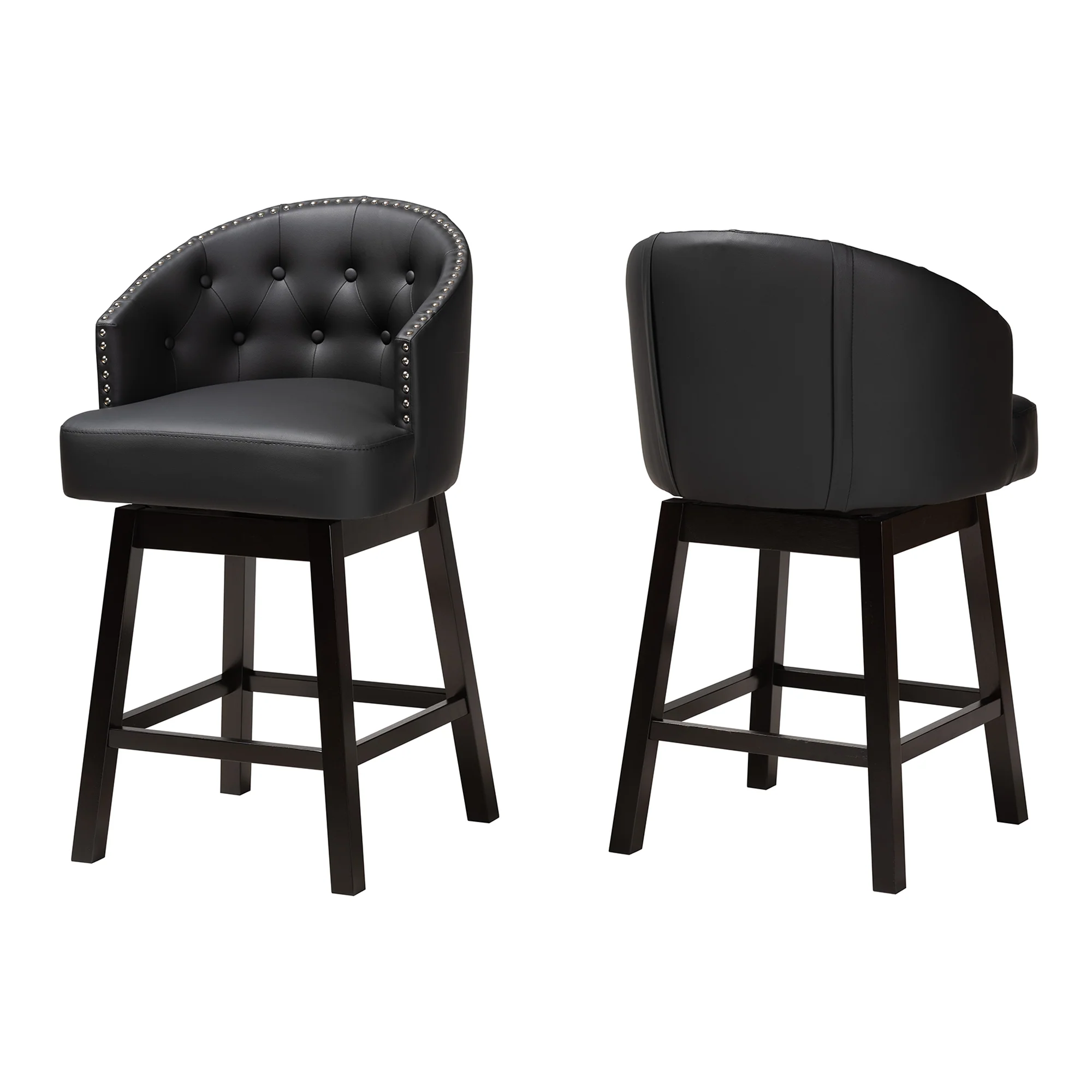 Baxton Studio Theron Mid-Century Transitional Black Faux Leather and Espresso Brown Finished Wood 2-Piece Swivel Counter Stool Set - Image 4