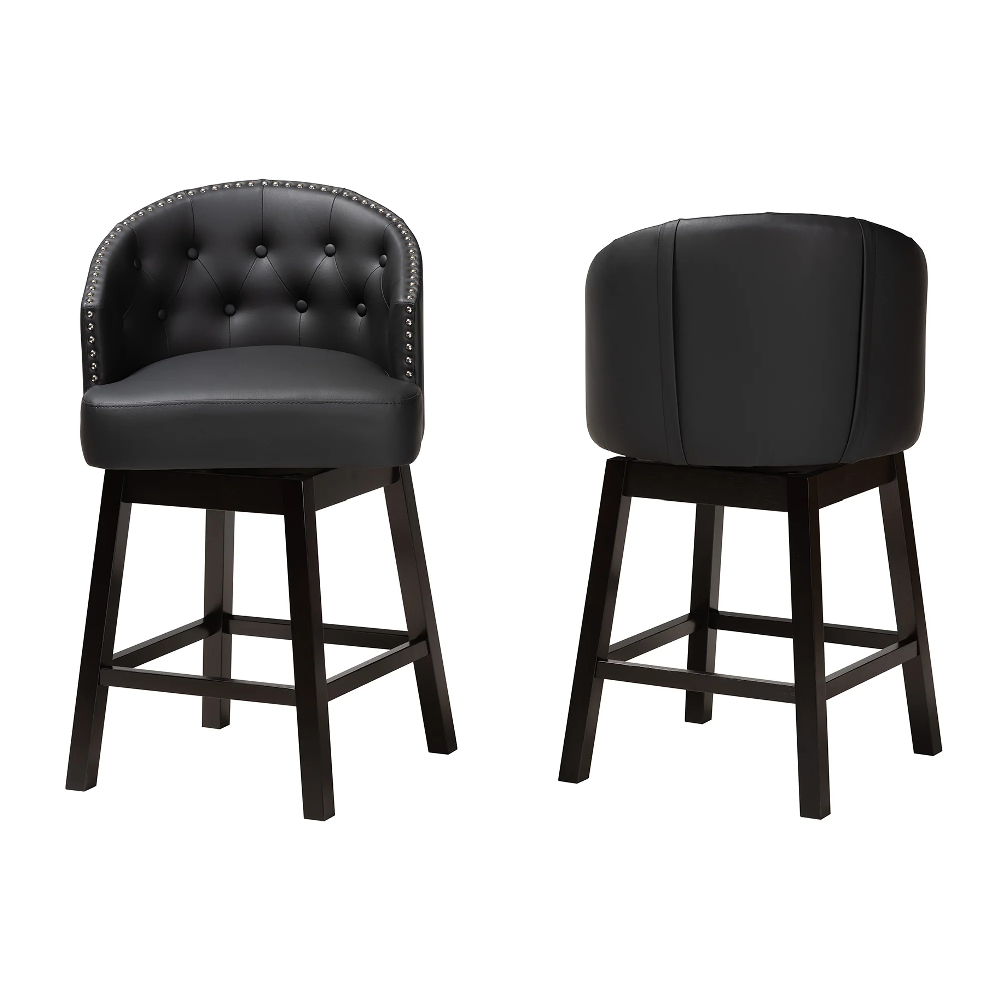 Baxton Studio Theron Mid-Century Transitional Black Faux Leather and Espresso Brown Finished Wood 2-Piece Swivel Counter Stool Set - Image 5