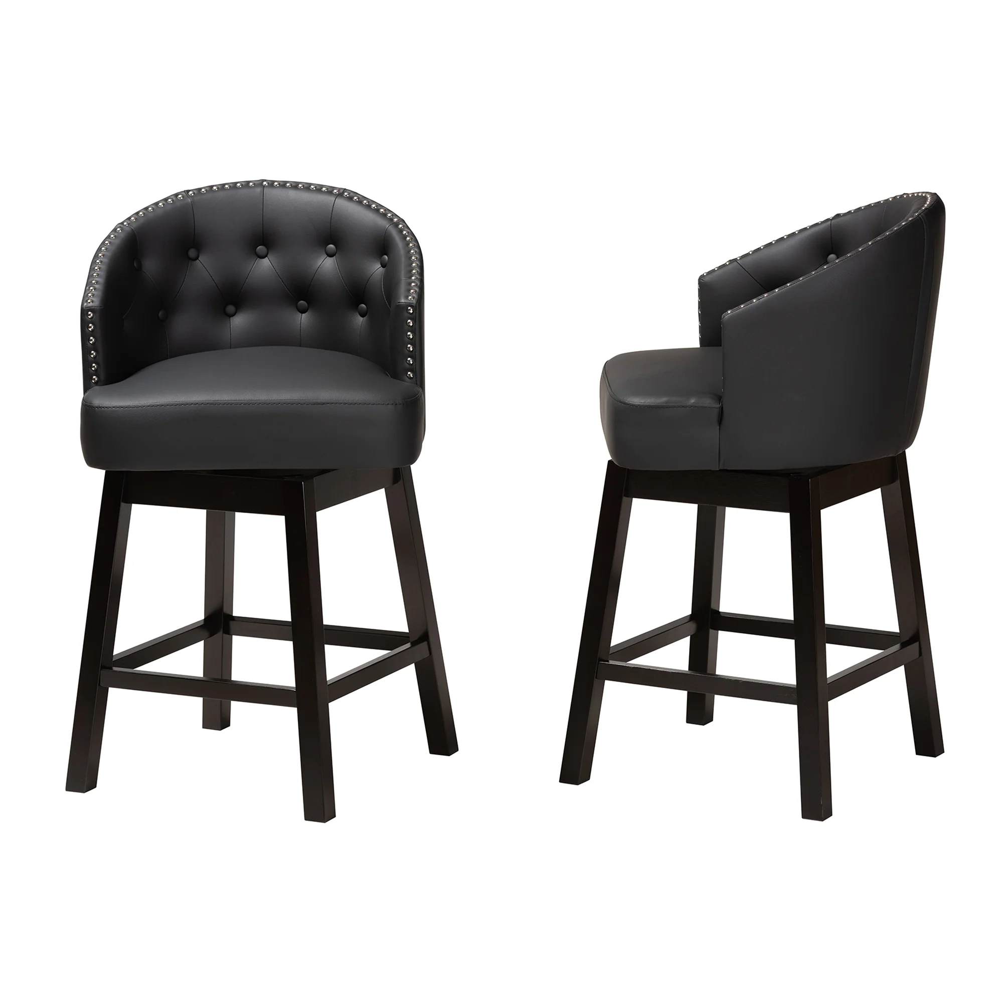 Baxton Studio Theron Mid-Century Transitional Black Faux Leather and Espresso Brown Finished Wood 2-Piece Swivel Counter Stool Set - Image 6