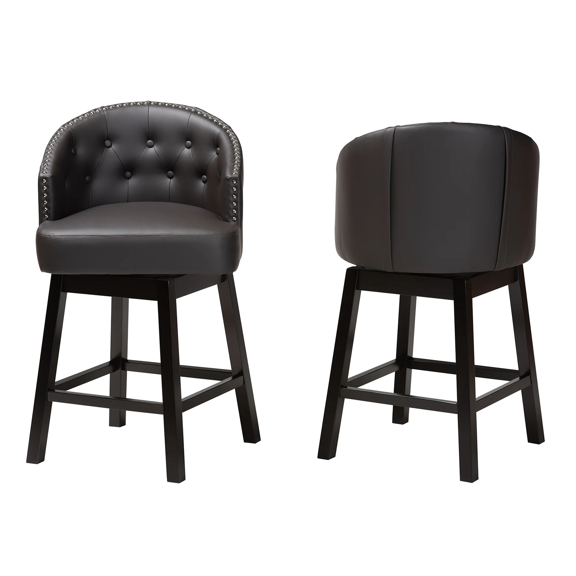 Baxton Studio Theron Mid-Century Transitional Dark Brown Faux Leather and Espresso Brown Finished Wood 2-Piece Swivel Counter Stool Set - Image 3
