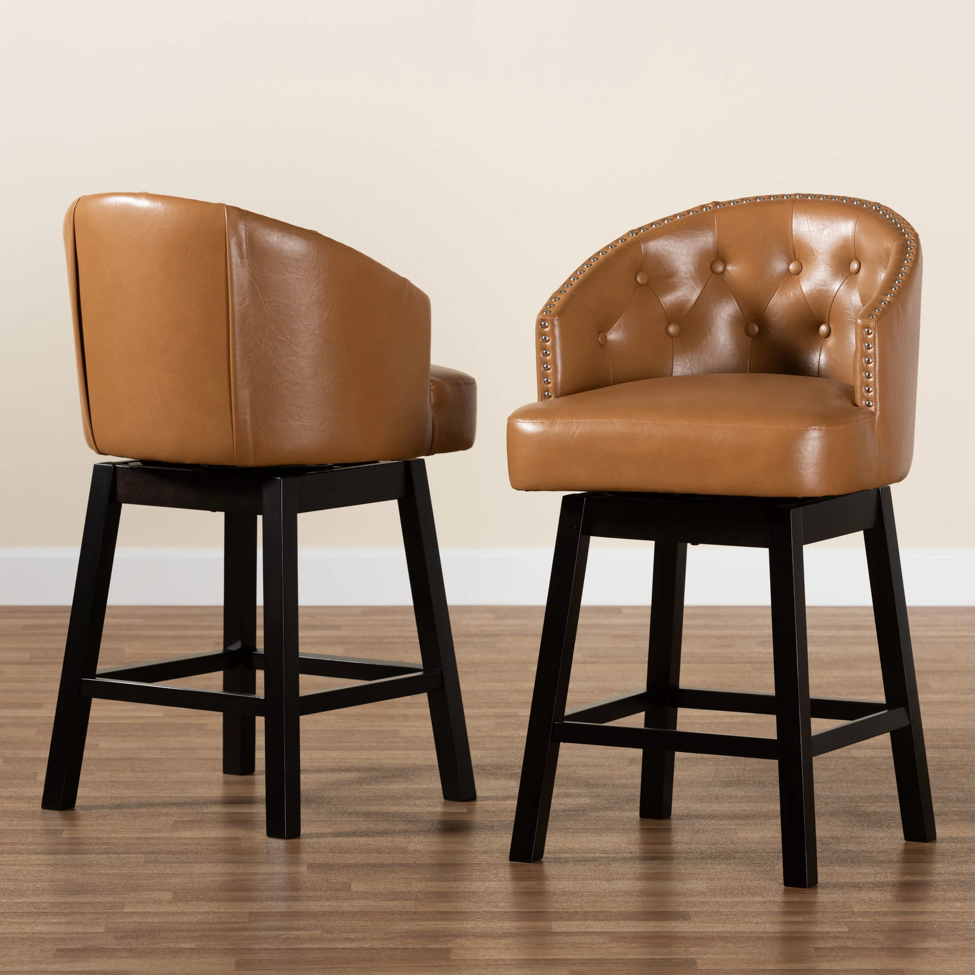 Baxton Studio Theron Mid-Century Transitional Dark Brown Faux Leather and Espresso Brown Finished Wood 2-Piece Swivel Counter Stool Set - Image 45