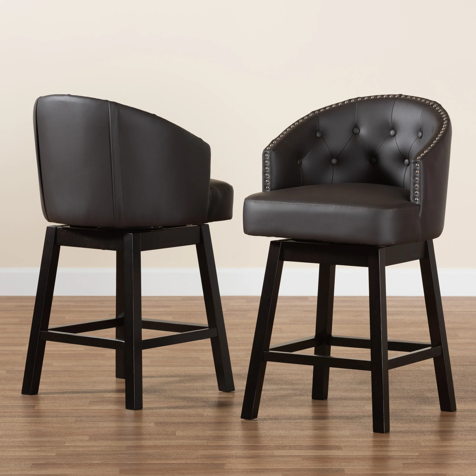 Baxton Studio Theron Mid-Century Transitional Dark Brown Faux Leather and Espresso Brown Finished Wood 2-Piece Swivel Counter Stool Set - Image 9