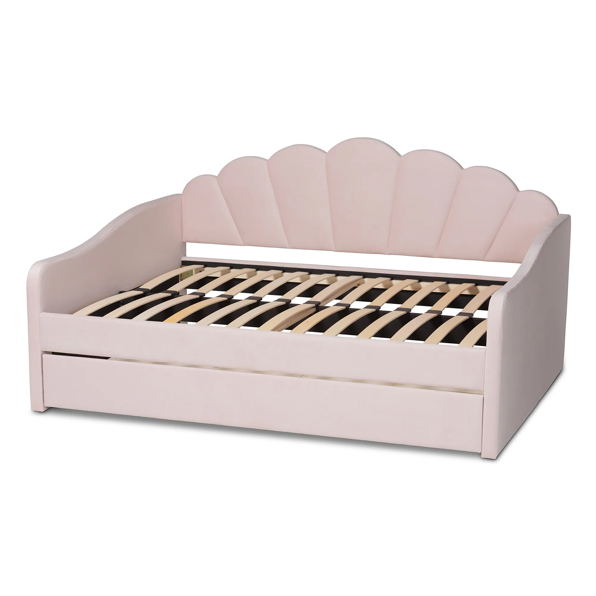 Baxton Studio Timila Modern and Contemporary Light Pink Velvet Fabric Upholstered Queen Size Daybed with Trundle - Image 6