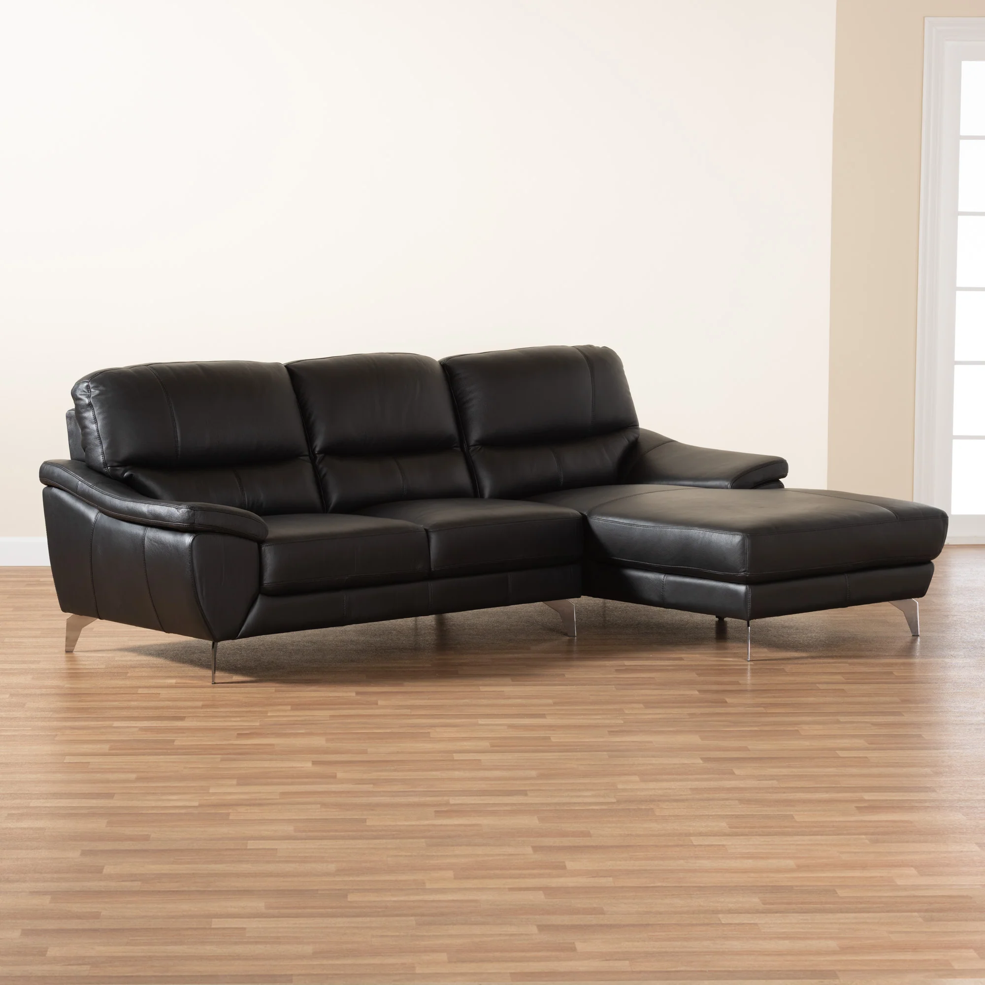 Baxton Studio Townsend Modern Black Full Leather Sectional Sofa with Right Facing Chaise - Image 6