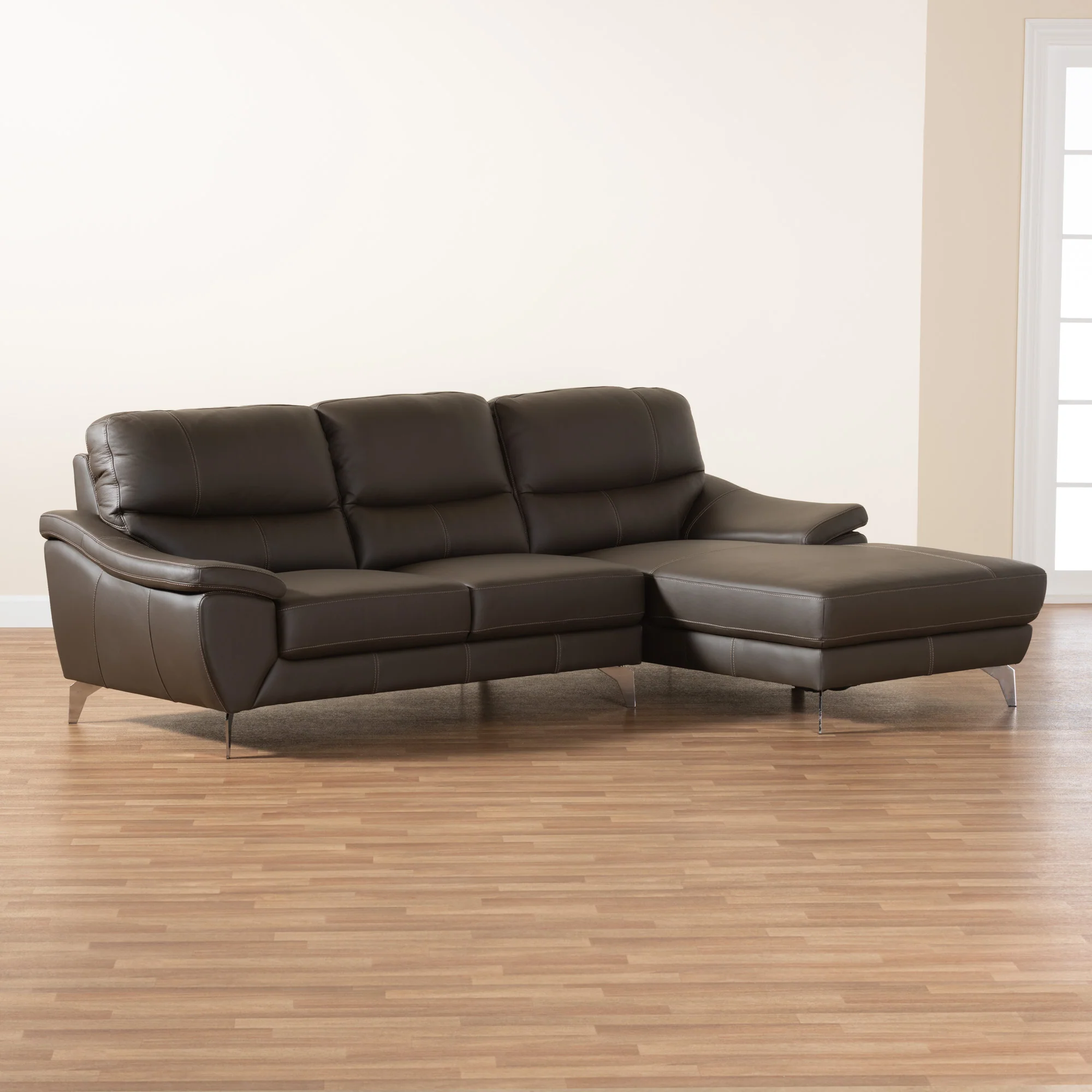 Baxton Studio Townsend Modern Brown Full Leather Sectional Sofa with Right Facing Chaise - Image 6